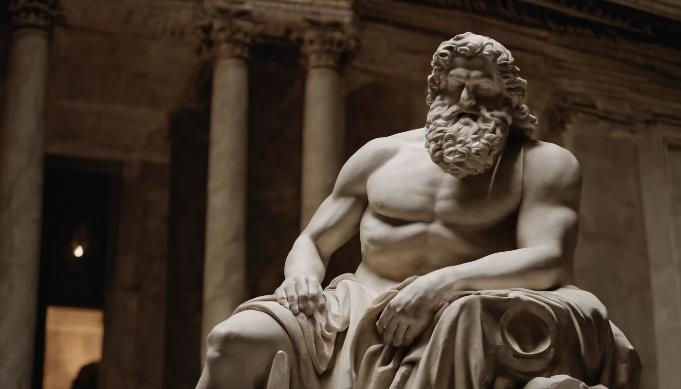 Please create an image of a statue of a muscular Greek philosopher, sitting in a contemplative and pensive pose, with the image background black. The statue must portray the philosopher in a serene and introspective posture, with well-defined muscles and the face expressing depth of thought. Ensure that the sculpture stands out clearly against the dark background, creating a striking contrast that emphasizes the figure of the Greek philosopher. the most realistic possible with the highest image quality available, 8k.