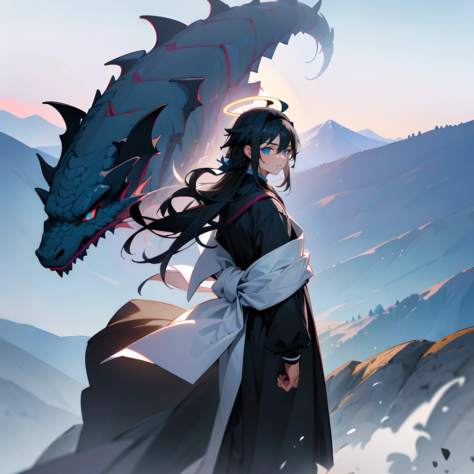 1male ,black gi , mountain background , blue  eyes , layered hair , long hair , Back Knot hair,  black hair , standing looking over mountain , lean build , dragon in the background , white headband , lean build , 4k best quality , ultra good quality , White Halo , best face quality