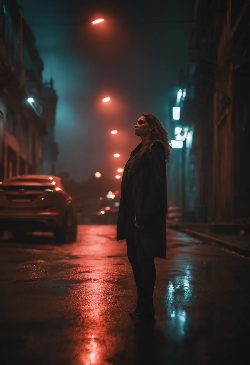 female woman standing solitary under a subtle red neon glow, actionpose:1.2, cabelo verde-marinho claro, Cabelos curtos e cacheados, Casaco preto longo, Tactical Jumpsuit, pele branca, Large, perfect hazel brown eyes, Slender and athletic body, Neon Noir, melhor qualidade,4k,8k,Altas,master part:1.2,ultra-detalhado,Realistic,fotorrealista:1.37,impressionante,post apocalyptic,Estilo cyberpunk, Rua da cidade,Movimentada,neon-lit,corajoso,distopic,high buildings,Hovering vehicles,Futuristic architecture,Dilapidated buildings,becos escuros,chuva forte,Chuva,Intermittent streetlights,sinais luminosos,holographic advertisements,pavimento molhado reflexivo,abandoned vehicles,Smoke-filled atmosphere,City Pollution,concreto fissurado,Hanging electrical wires,pilhas de lixo,metal enferrujado,paredes cobertas de grafite