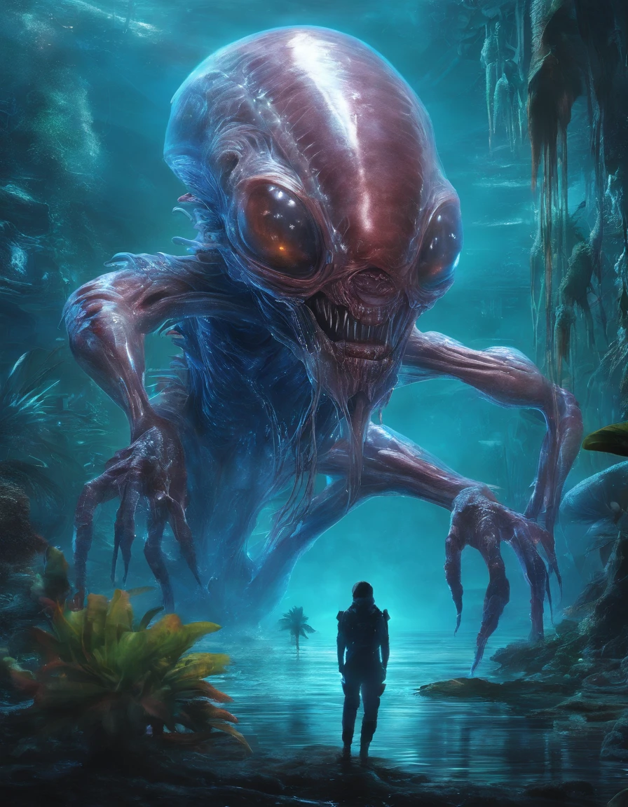 Walk, Hands and feet, Big eyes, Monster, (((Humanoid translucent alien creature))), Light, Blue light,, Ocean, Plants in the water,Rich in color