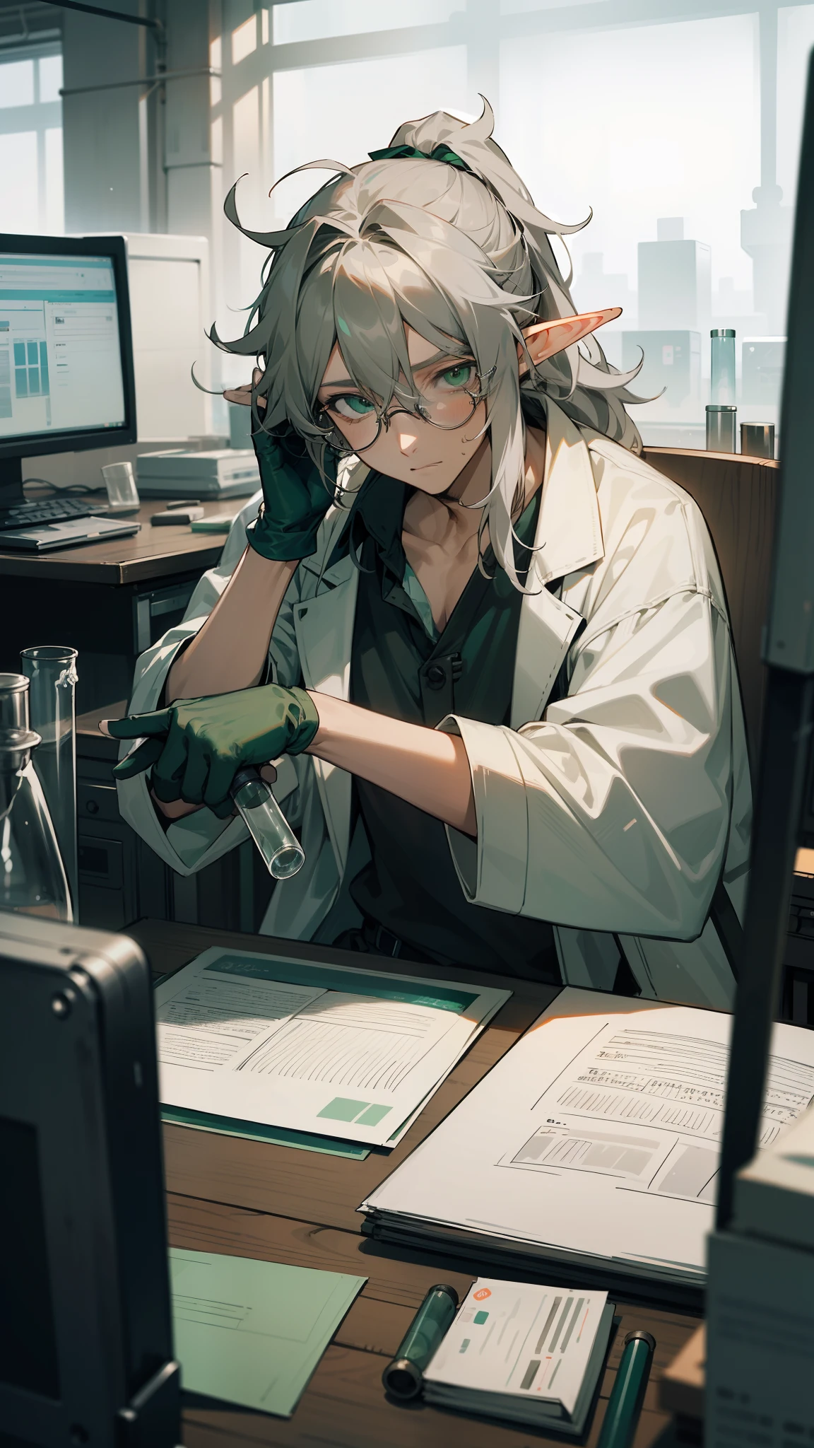 1adult man, 40 years old,beard,solo, long hair,disheveled hair,messy hair,elf ear,gray hair,green eyes, tired eyes,sitting,hair in a ponytail, no bangs, glasses, scientist, holding a test tube, scientist outfit, white coat, portrait, in the laboratory, computer screens, test tubes, gloves, bandaged hands,