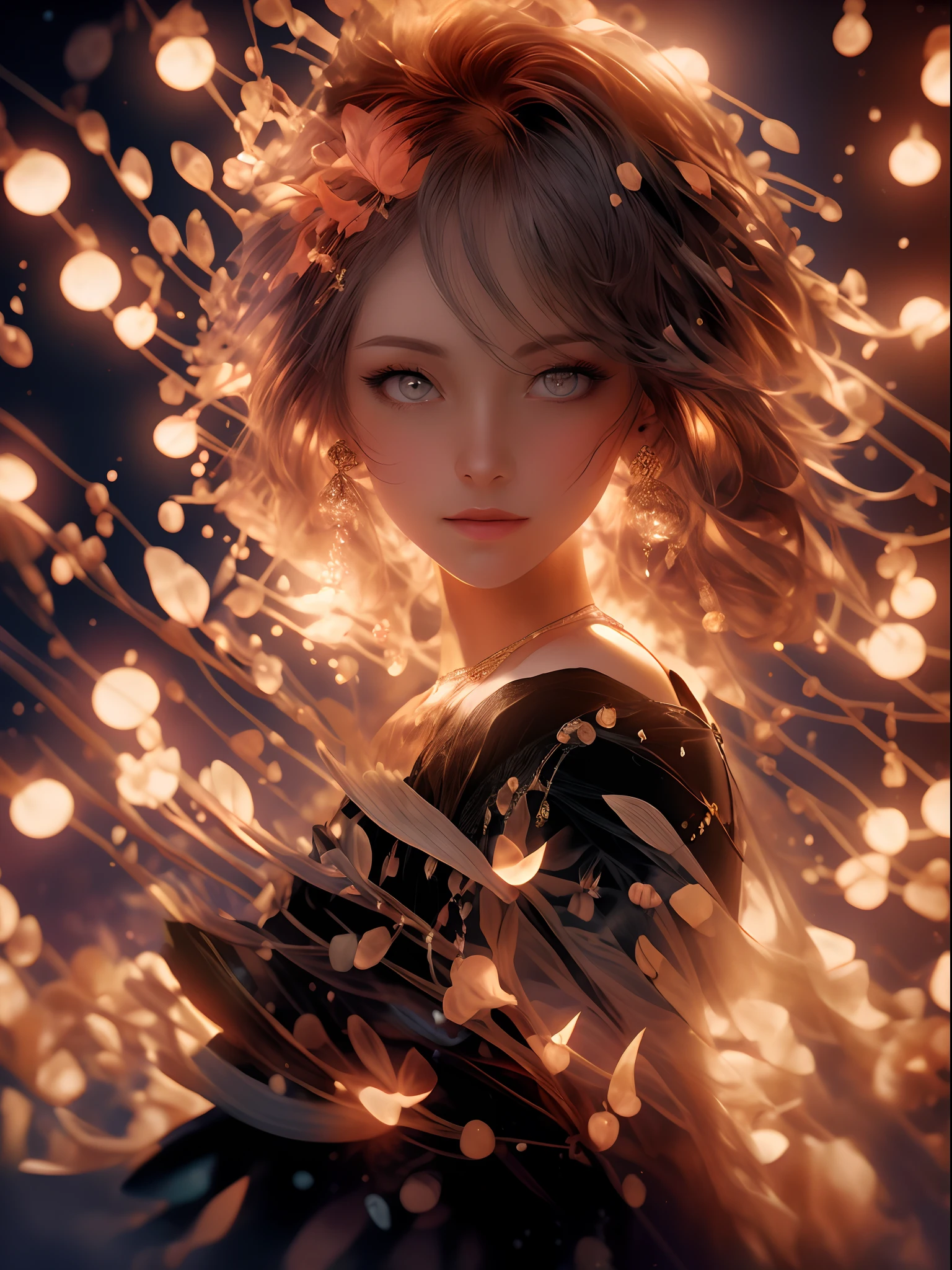 A beautiful women looking at the perfume that is Spectral Fern - Enhances magical communication with spirits. on balck velvet backgorund, rim lights, digital art photo_focus