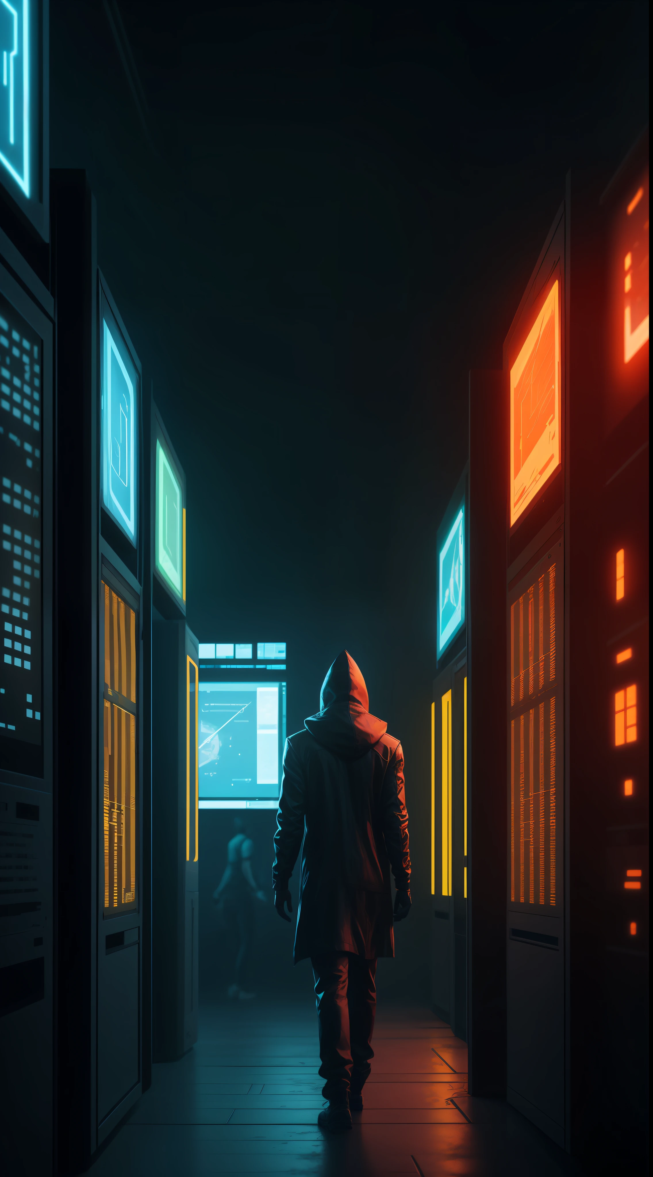 A lone hacker, immersed in a dark room full of bright computer screens and floating holograms., cyberpunk aesthetics, action movie shot by Kon Satoshi, Semi Impasto style, matte painting, atmospheric, bright, dramatic lighting