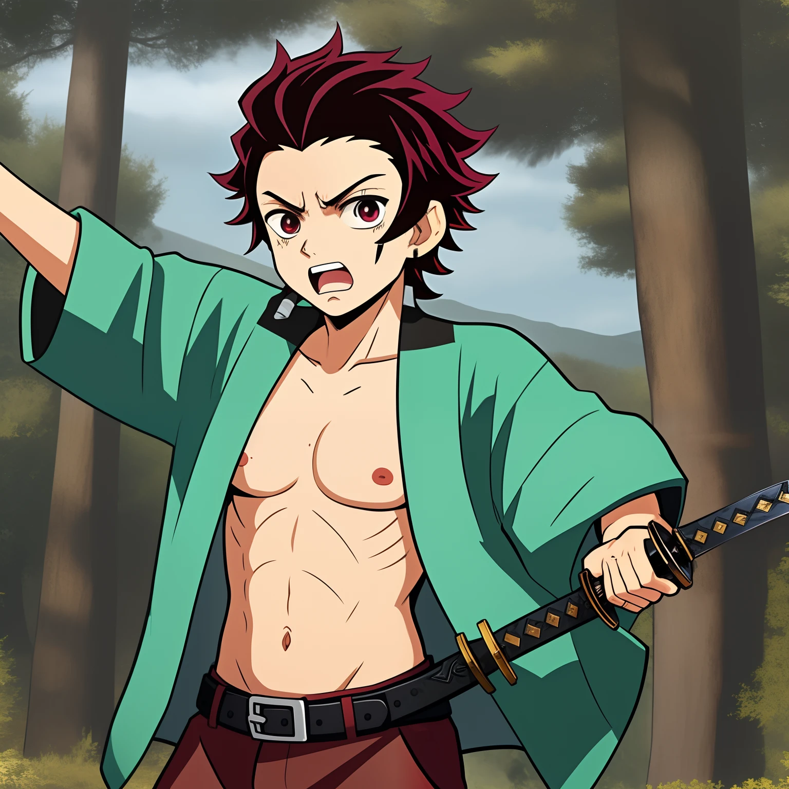 1 boy,kamado_tanjirou, sword, angry, blood on the face,(shirtless, topless, bare chest)