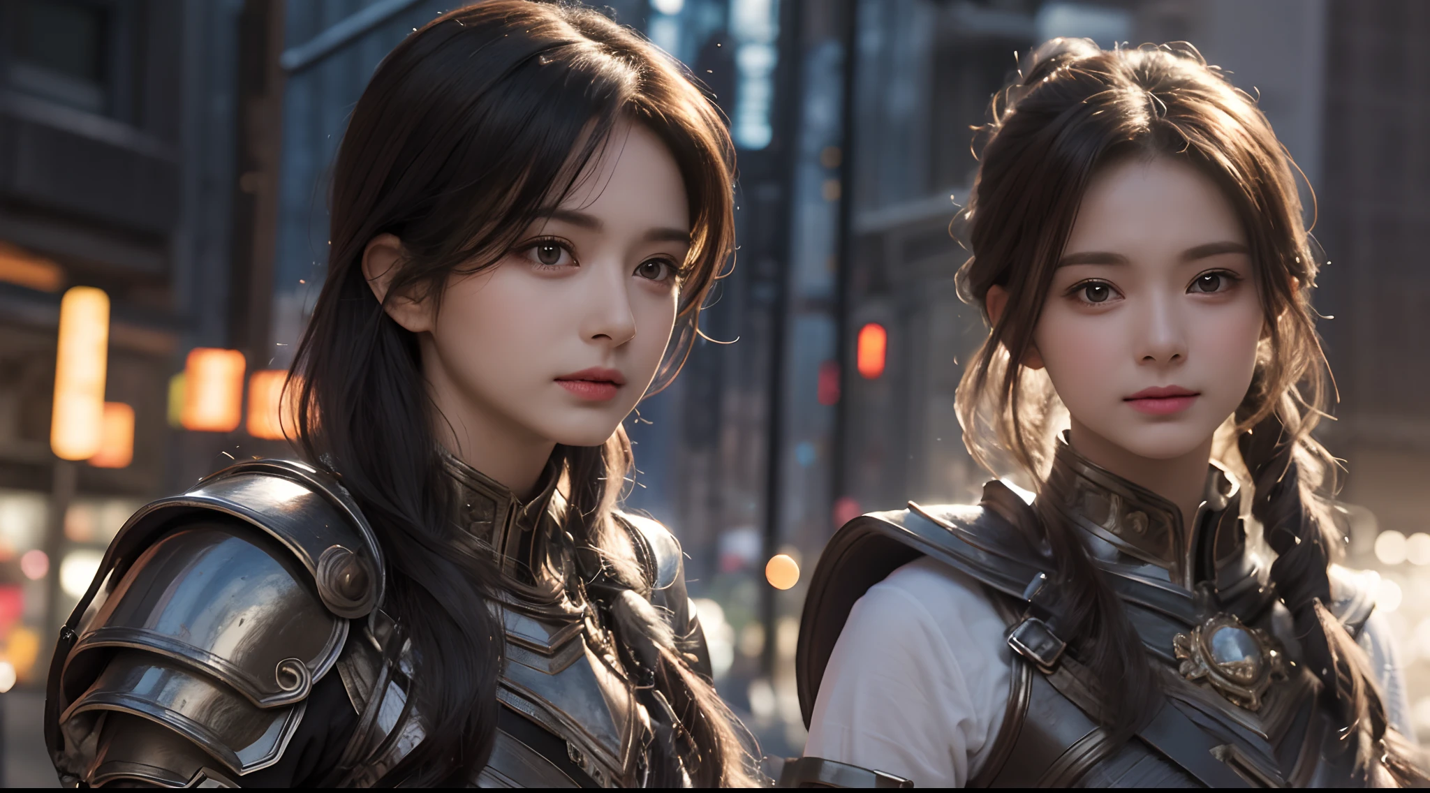 Realistic lighting, Top Quority, 8K Resolution, (masterpiece: 1.3), (Clear focus: 1.2),1 Girl, delicate face, big double eyelids, Sexy expression, Body perfect anatomy, (perfect body: 1.6), (large chest 1.7), long and dark brown hair, (best chest: 1.8), armor, long knife, magia, exterior, (night: 1.1 ),1080p, hyper HD, textureskin, super detailed, best quality, high detail, highest quality.
