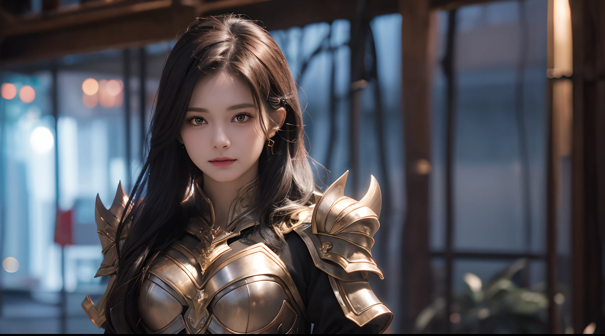 Realistic lighting, Top Quority, 8K Resolution, (masterpiece: 1.3), (Clear focus: 1.2),1 Girl, delicate face, big double eyelids, Sexy expression, Body perfect anatomy, (perfect body: 1.6), (large chest 1.7), long and dark brown hair, (best chest: 1.8), armor, long knife, magia, exterior, (night: 1.1 ),1080p, hyper HD, textureskin, super detailed, best quality, high detail, highest quality.