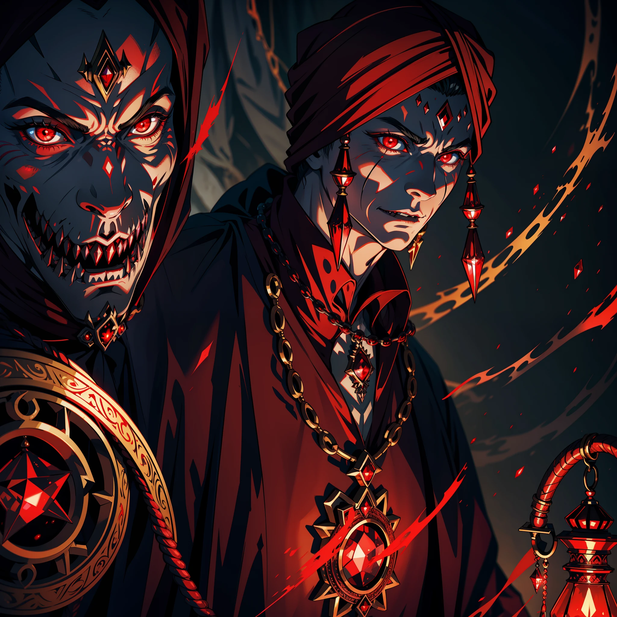 Hyper Realistic Lord Dracula with red traditional Moroccan turban Arabic red glowing crystal eyes mature scary Legendary face