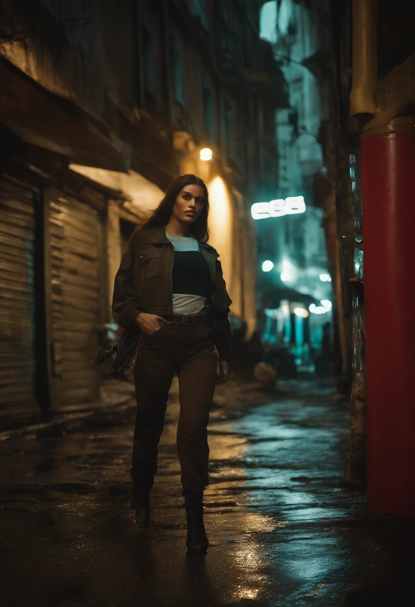 close up de mulher jovem, action pose, cabelo verde-marinho claro, Cabelos curtos e cacheados, Casaco preto longo, Tactical Jumpsuit, pele branca, Large, perfect hazel brown eyes, Slender and athletic body, Neon Noir, best quality, 4k, 8k,High,ultra-detalhado,Realistic,fotorrealista:1.37,impressionante,post apocalyptic,estilo cyberpunk,post apocalyptic,corajoso,distopic,Very narrow and claustrophobic alley,tall buildings,Futuristic architecture,ruined buildings,becos escuros,chuva forte, chuva, sinais brilhantes, holographic advertisements, Pavimento refletivo molhado, smoky atmosphere, pollution, concreto fissurado, escombros, Hanging electrical wires, pilhas de lixo, metal enferrujado, paredes cobertas de grafite, noite escura, Pouca luz,
