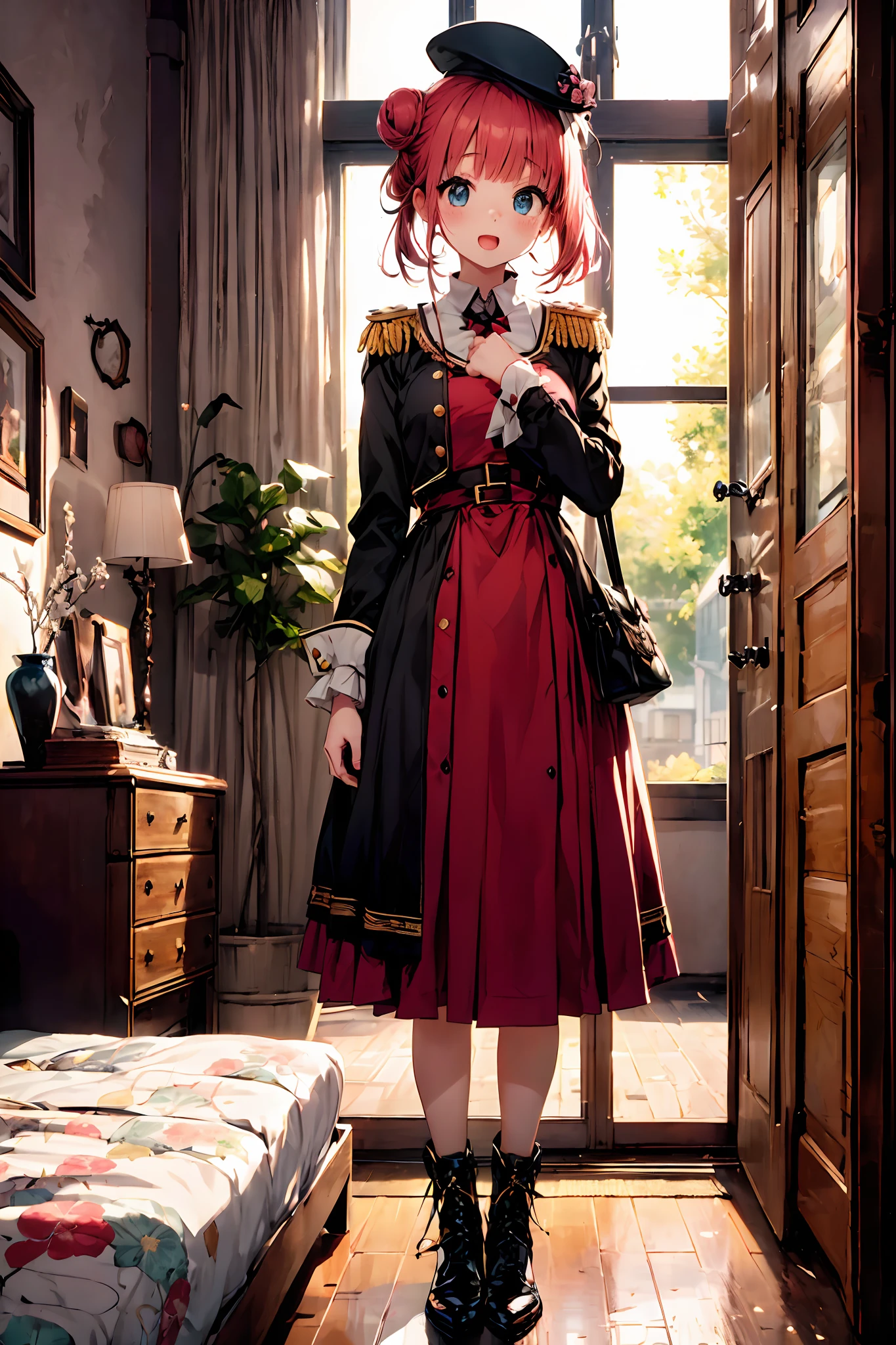 1 Beautiful 7 Year Old Girl,Solo,(kawaii:2),(Chibi:0.8),(Cute 1.5),(Lori:2),BREAK,(Red hair, short-hair,2 hair buns,Blunt bangs:1.4),(sleepy:1.3),{Heterochromia,pale blue eyes,pale green eyes, Eye Highlights,The first hyperfine stars:1.5},star eye silhouette,(long eyelashes, Double eyelids:1.2),(de pele branca),BREAK,Clear skin,Beautiful skin, BREAK, (Alice in Wonderland:1.4), Voluminous panniers below ( bare-legged, Standing, Open_Mouth:1.33), (Military Lolita:1.2),(Military-style hats,Military boots,beret,epaulette,Military Pins,bags:1.25),BREAK, (inside in room,Night:1.5),(girl's own room,pink wall paper,a bed,The table,Rooms on the upper floors,A window with a beautiful night view:1.35),Cute,Posing,Look at viewers, Professional Lighting, Physically-based rendering,depth of fields,BREAK, wakame,wakame,wakame,(Highly detailed CG Unity 8k wallpaper), (Best Quality, Very detailed, Colorful, Highest detail), (Best Illustration), (Best Shadow), POV, Realistic lighting and shading, Natural light, Lens flare effect,absurderes, absolutely resolution, unbelievable Ridiculous, hight resolution, ultra-detailliert, Official art, unity 8k, Kinetic Typography Break, ‎ (1girl in, Solo:1.4), Dynamic Poses, sale,(Smile with plenty of room:1.1)