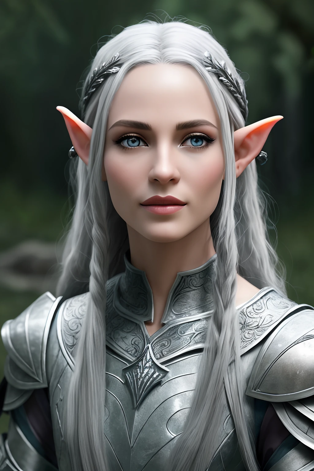 Un primer plano de una mujer con el pelo largo y gris vistiendo un traje plateado, elven character with smirk, Elfo femenino, de un elfo del anillo elden, very beautiful elven top model, Retrato de elfo muy hermoso, Retrato de un elfo, Elfo centrado, Un retrato de un elfo, Kali, elven princess, Bella y elegante elfa femenina