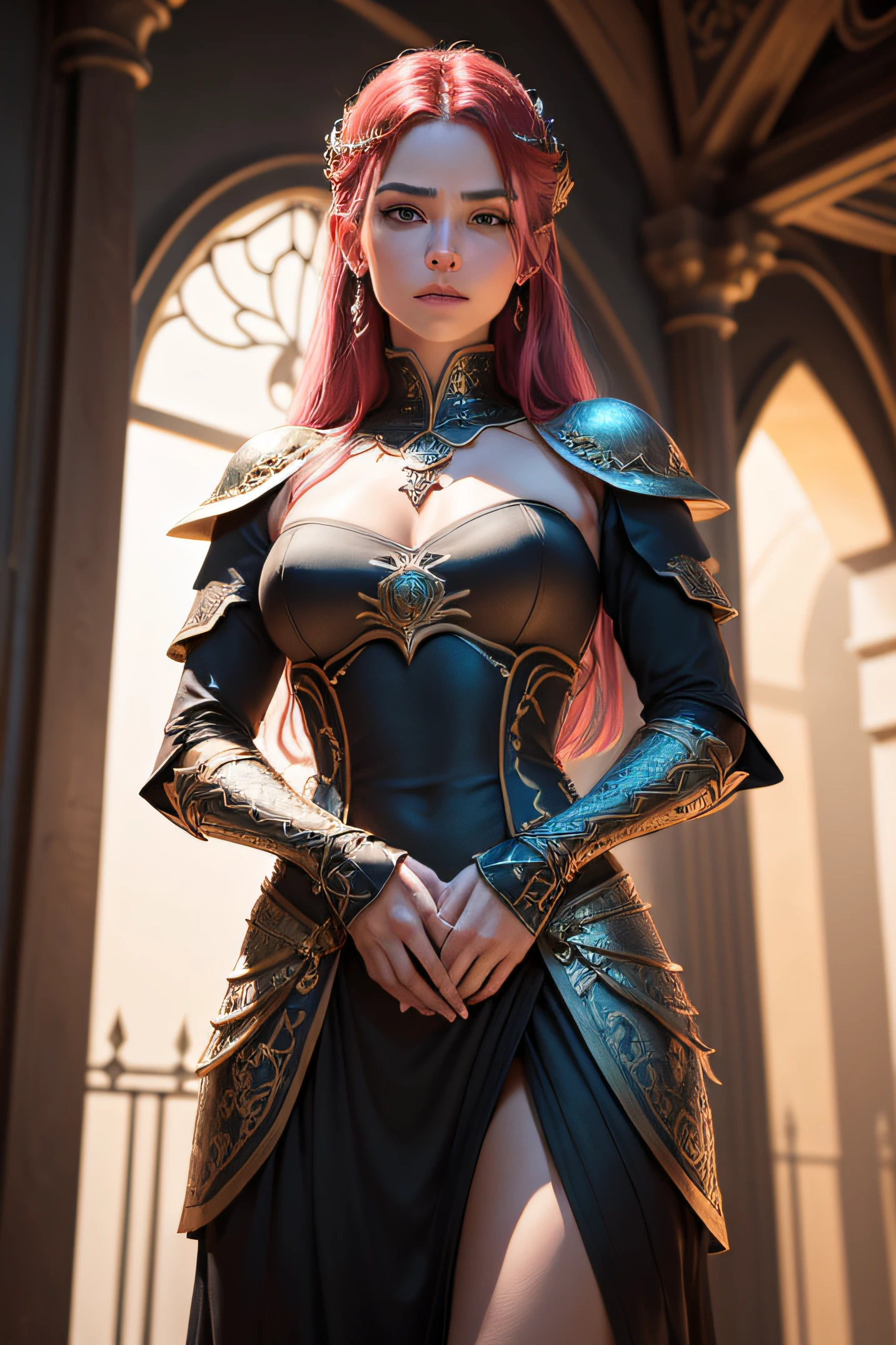 "((photorealism, high quality, detailing)), (half of the body) slender girl (narrow hips), Feminine appearance, student magician-alchemist ((magic academy student, student uniform)), red hair below shoulders, Green eyes, A European view, modernity, fabric dress with belt, long black cloak, magical atmosphere, Academy of Magic".
