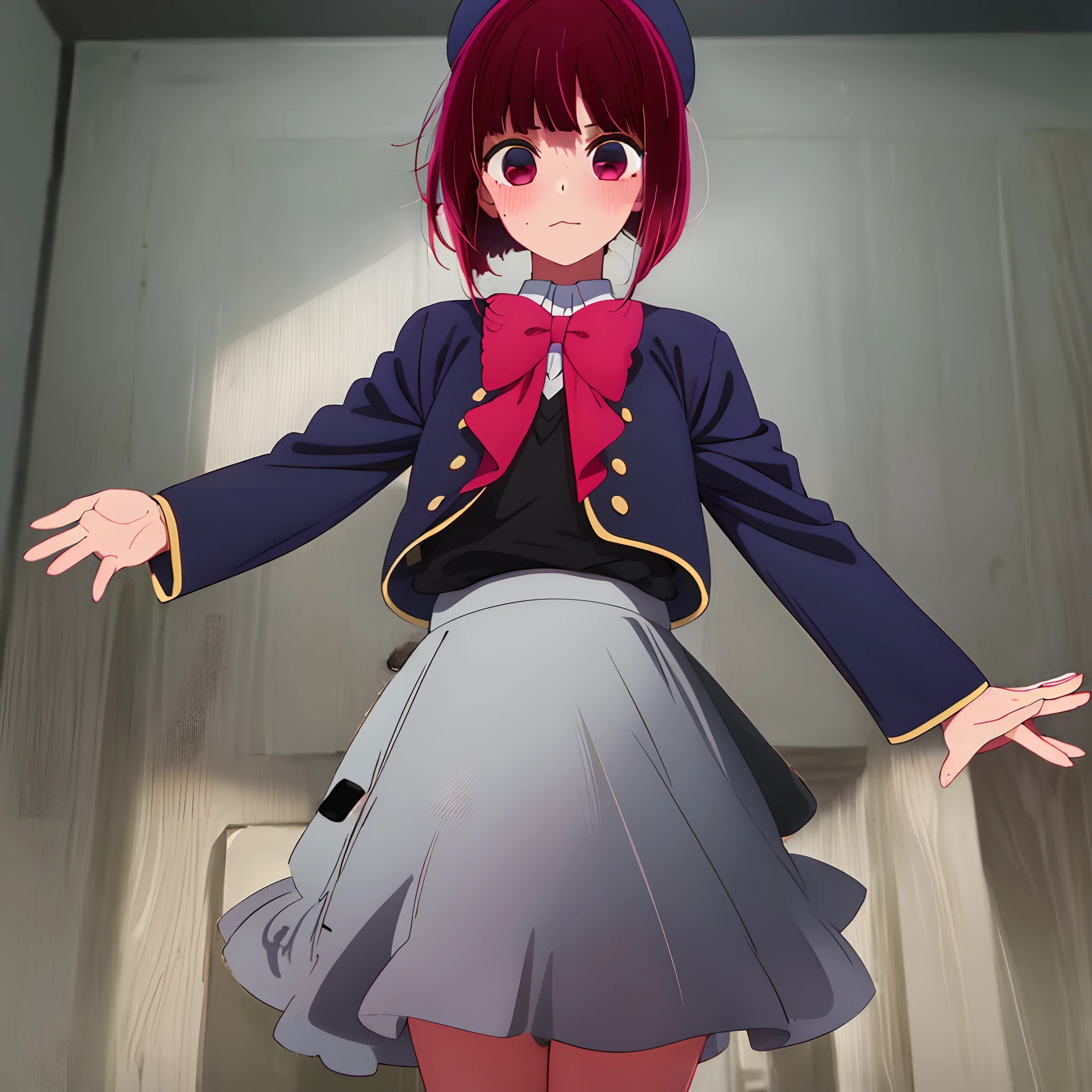 main girl is beautiful and cute, "neat and bright uniform coordination", fashion model posing, full body, full body illustration, best illustration, elementary school student, realistic and elaborate uniform, high school uniform, ((highest quality)), ((masterpiece)), (detail: 1.4), anatomical, award-winning concept art, beautiful, fine details, portrait, look viewer, (full body view)), 1 girl, Full body, Solo, 6 years old, Elementary school student, Child actor, Red hair, Red hair, Big eyes, Dark brown blazer, Maroon sweater, Long checked long skirt, Dark green and maroon skirt, Black high so, orange large ribbon, White blouse, Underwear, Panties, Skirt, White panties, Wet, Shirt, Wet clothes, Skirt lift, Blush, Classroom, navel,lift below chest, clothing lift, easy background, lifting clothes, uniform, Japan cute uniform, blazer, look away, short sleeve, loli, skinny, elementary, loli, baby face, cute, young appearance, fantastic visual depiction, professional effect, beautiful girl, petite girl, sweaty transparent clothes, uneven, absurdity, heel-up loafers, red hair, red eyes, The main girl is beautiful and cute