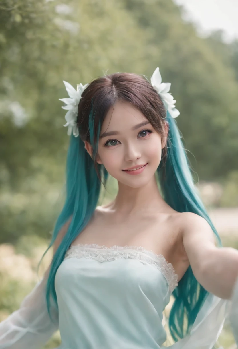(masterpiece), (best quality),(miku),(border),(looking at viewer),1girl,(grin),happy,smile,small breasts,full body, dynamic pose,simple background