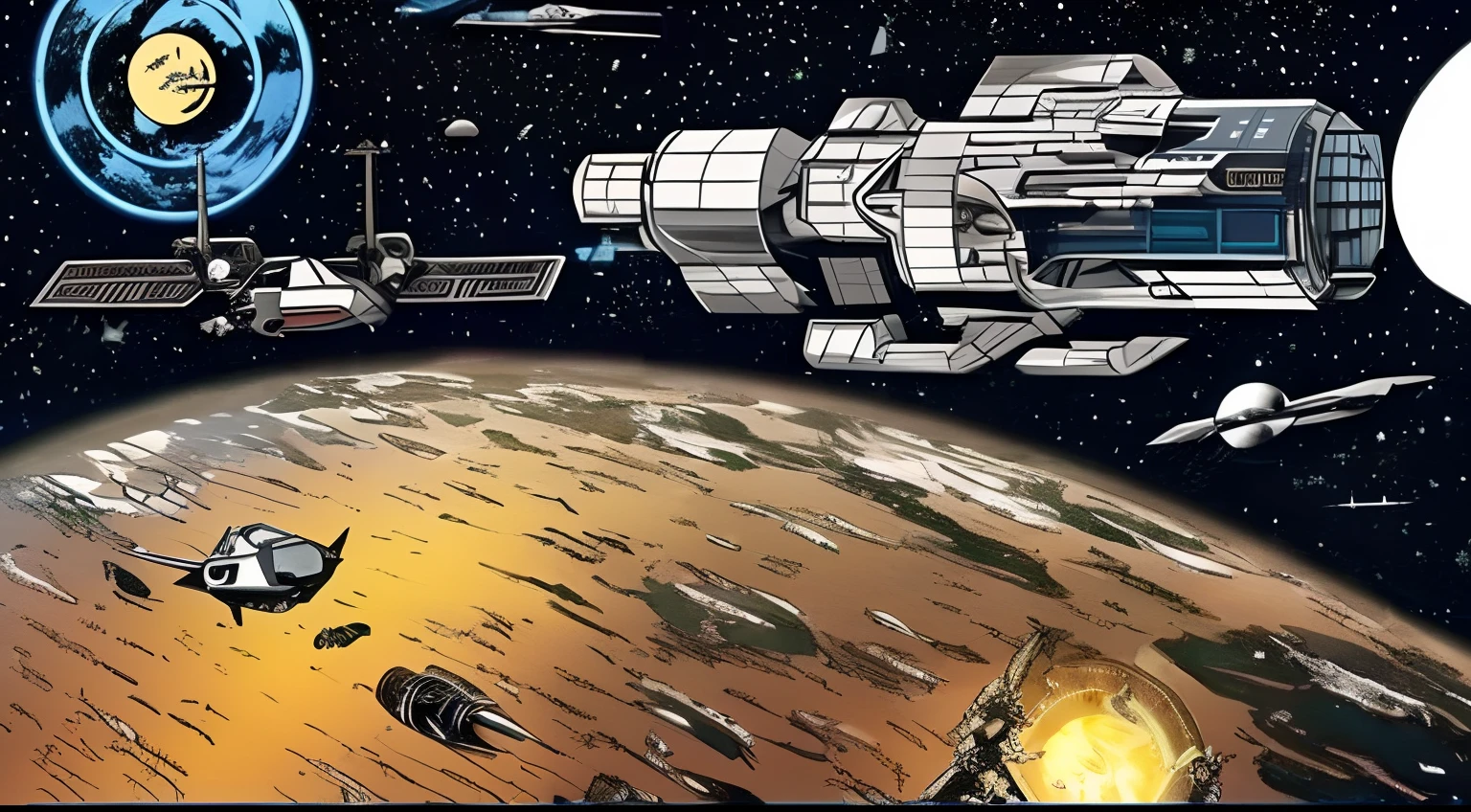 There is a space war with several spaceships destroyed, guerra espacial, daves diferentes, Debris in the air, esplosões, guerra, dynamic lighting, melhor qualidade, detalhado, manga-style, Comic book styles.