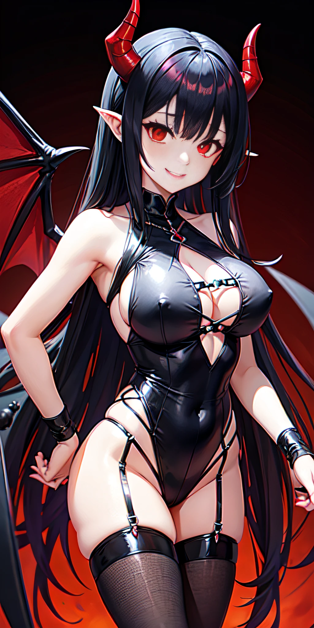 Demon, Demon Girl, black hair, red eyes, Demon Wings, Dimension of Demons, hell, smile, revealing clothes, big breasts