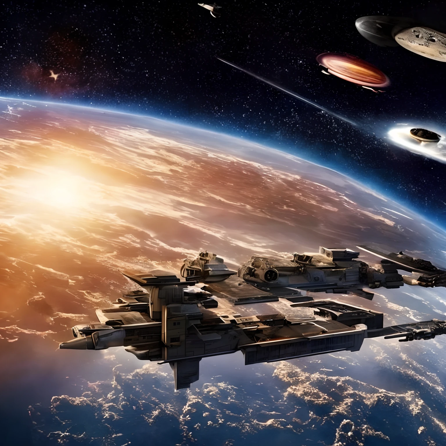 There is a space war with several spaceships destroyed, guerra espacial, daves diferentes, Debris in the air, esplosões, guerra, dynamic lighting, melhor qualidade, detalhado, manga-style, Immensity of the Universe, universo misterioso, (caos)