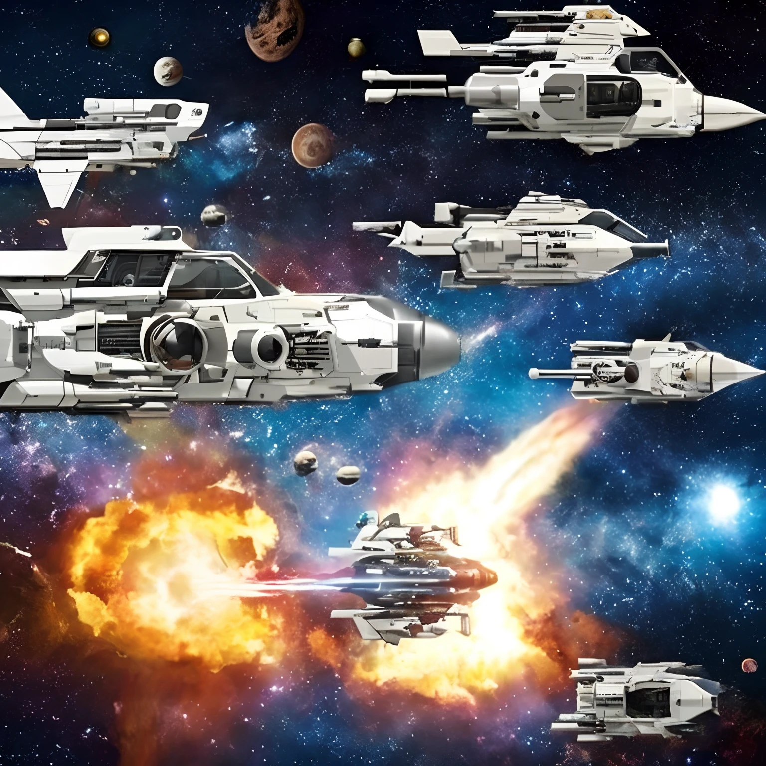 There is a space war with several spaceships destroyed, guerra espacial, daves diferentes, Debris in the air, esplosões, guerra, dynamic lighting, melhor qualidade, detalhado, manga-style, Immensity of the Universe, universo misterioso, (caos)