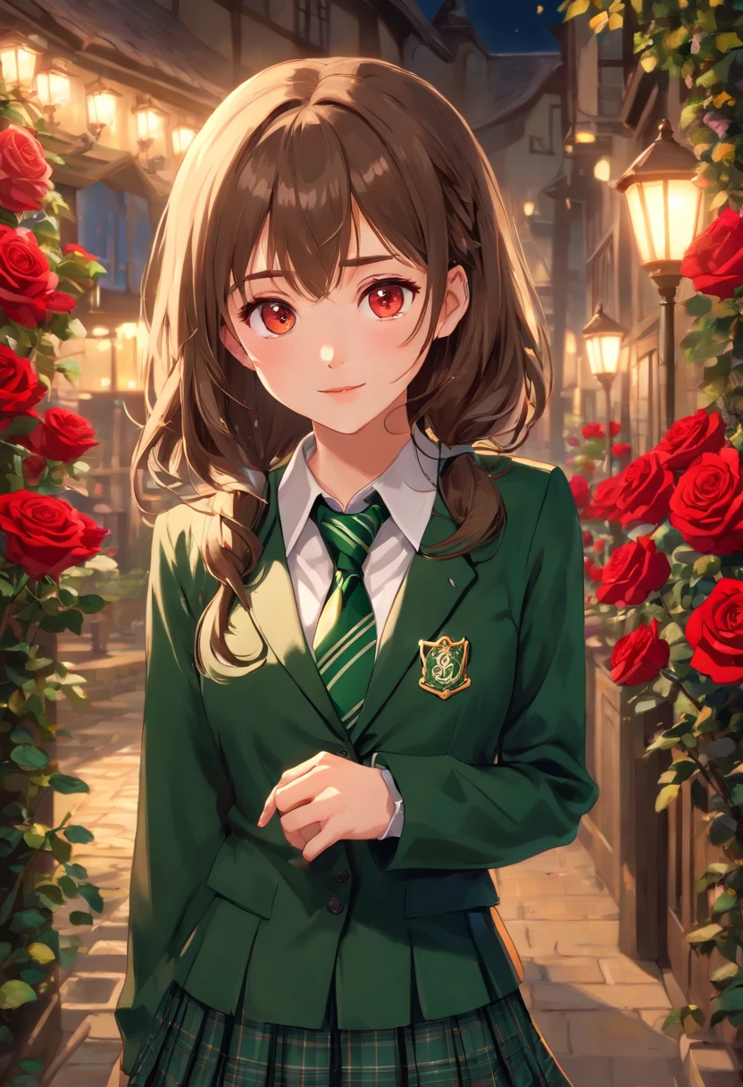 (masterpiece, best quality, high resolution:1.4),(Raw photography, top-quality, masterpiece, extremely delicate and beautiful, ighly detailed, nffsw, Unity, 8K Picture Wallpaper, amazingly detail, detaile, masterpiece, top-quality, Official art, Highly detailed ticker Unity 8k wallpaper, ultra-detailliert, hight resolution, ighly detailed, Clair, Focus), (top-quality), (realisitic, Photorealsitic:1.5), (8K, Soft lighting, hightquality, lighting like a movie), (1girl), pretty, beautiful, (noble), elegant, skin pores texture, HD , Photography, movie, cinematic, portrait, Realistic, (8k, RAW photo, best quality, masterpiece:1.2), (realistic, photo-realistic:1.33), best quality, (detailed eyes: light golden), (light golden-colored pupils), (dark hair), (curtain bangs), (long hair), (16 years old), (young), portrait, smile, (background: red rose garden), bust up, detailed and realistic portrait of a girl, (fragile), ((night light)), (British), (pale), (Caucasian), (innocent), (red lips), ((red roses)), (look at the camera), ((The Slytherin uniform consists of a white shirt for the upper body Paired with a green and silver striped tie. The lower body features a green-gray plaid pleated skirt.)),(long sleeves), (An expression that seems to be planning mischief), (sexy)