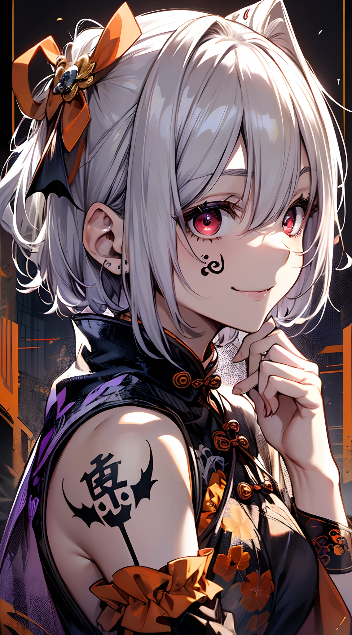 top-quality、Top image quality、in 8K,4K,masterpiece、(NSFW:1.1)、ultra-detailliert、Beautiful、ultra-quality、adult-like、Cool、girl with(((18year old、Halloween Costumes、Cheongsam 1:3、Bust 78、silber hair、a short bob、Red Eyes、erotick:1.4、Happiness、The tattoo)))、hiquality、visualart、Background with((Halloween 1.3))、masutepiece
