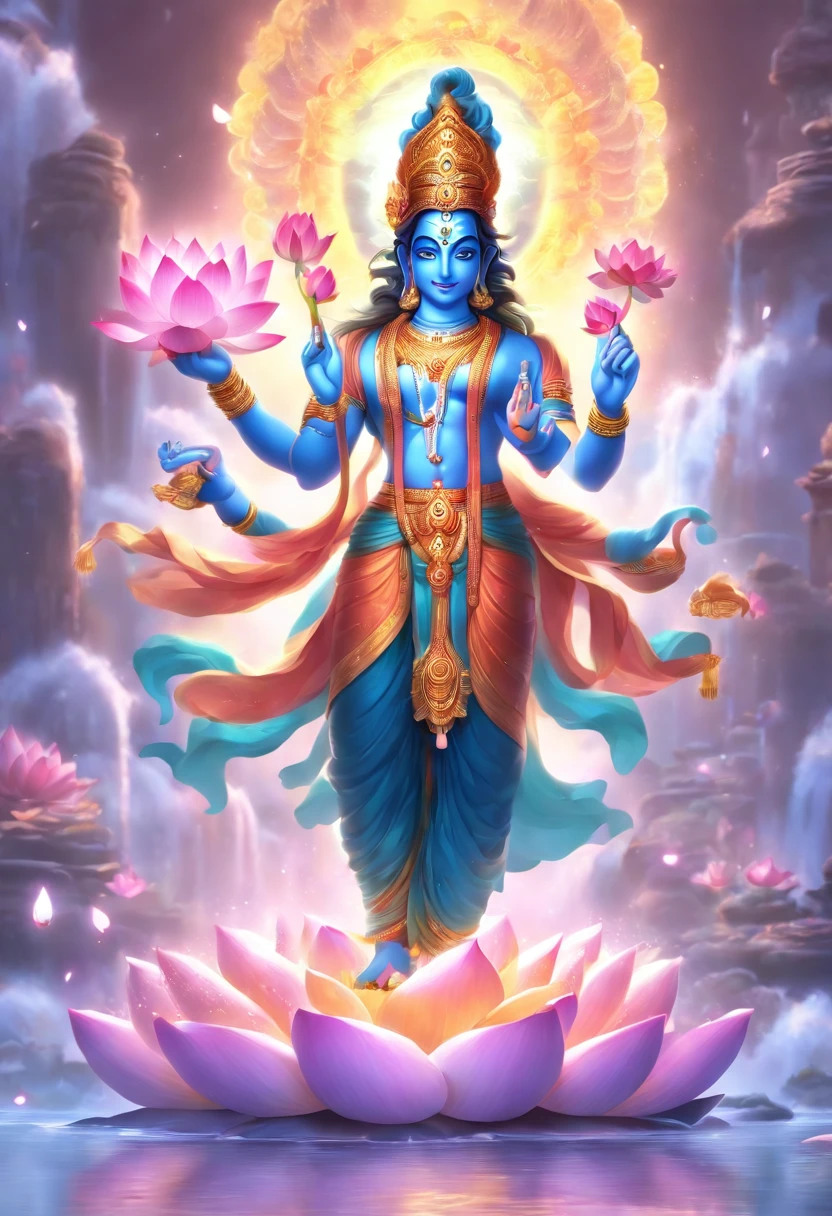 (((Hindu God))) best quality, ultra-high resolution, 4K detailed CG, masterpiece, Vishnu, blue, Indian, four arms, Hindu mythology, standing on lotus flower, ((standing on lotus flower) lotus) ) Hindu image, aesthetic, beautiful, centered on the screen