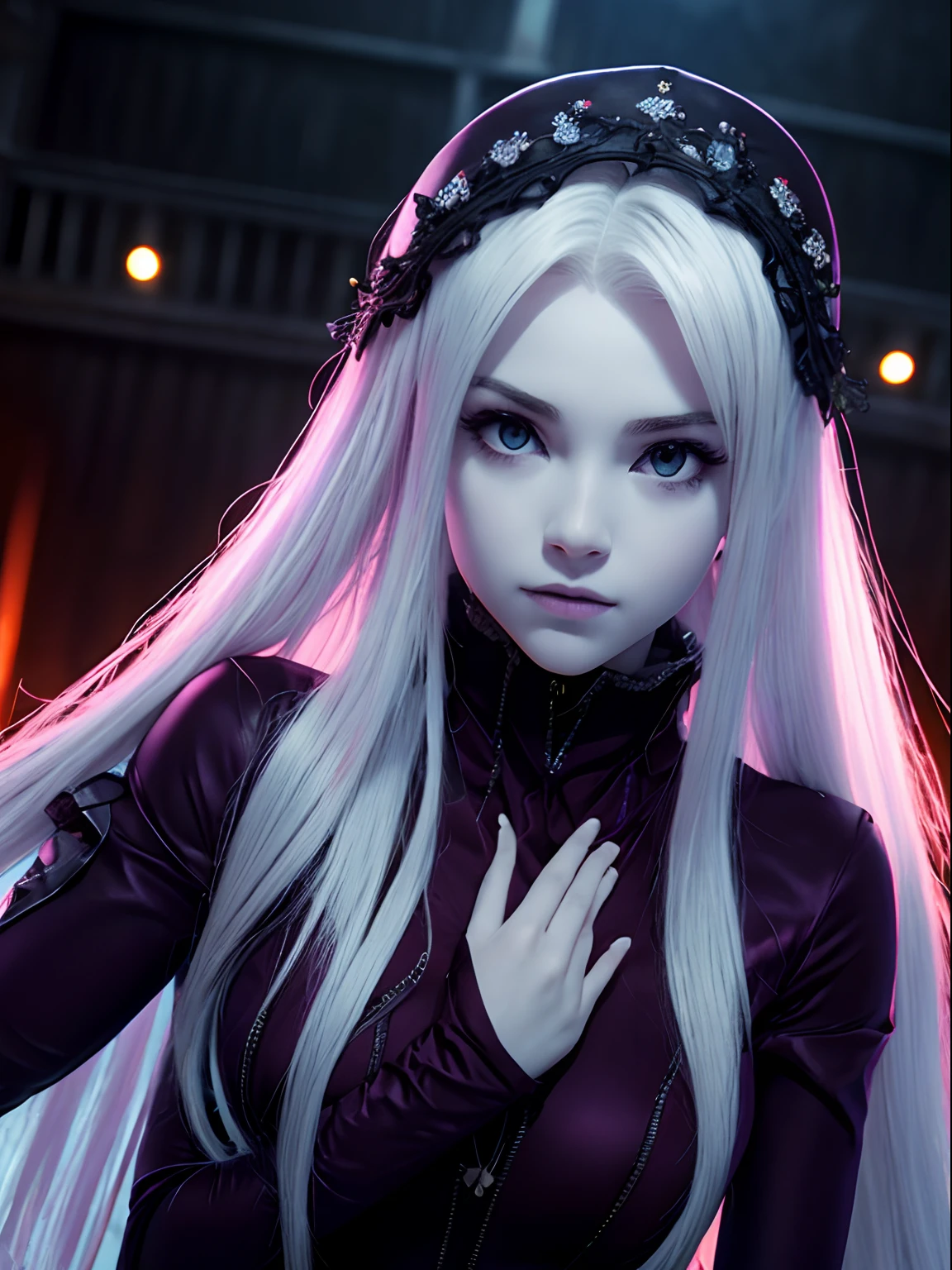 Very sexy very pale-skinned vampire from overlord anime in a full body photo, sexy, peitos grandes, muito sensual, pele super branca, pale skinned, ela esta envolvida na neblina em um castelo antigo e sombrio. A perfect and definitive idol that captivates everyone,olhos brilhantes super detalhados sem defeitos, lugar sombrio e misterioso. Realista Overlord Anime Setting, Dramatic and sinister nighttime ambient lighting giving an air of suspense and horror movie, cabelos longos roxos, uma linda vampira de olhos vermelhos, Todo mundo se apaixona por ela、chifres, , beleza ecotica, A very cute female idol at the age of 20, Pale Pele、Olhar ganancioso convidando um homem、cabelos roxo、cabelos desgrenhados、cabelos intrincados、９Perfect head and body figure、Linha de Corpo Perfeita、 Figura fina、、Enfatizar a clivagem、Tiroteio RAW、photorealistic cinematic render、hyperrealistic rendering、foto retrato、night time render、Fotos gerais coesas、texturas de pele realistas、alta qualidade、alto detalhado、mais alta qualidade、alta resolubilidade、HDR 8K、Rastreamento de raio、canon, NSFW