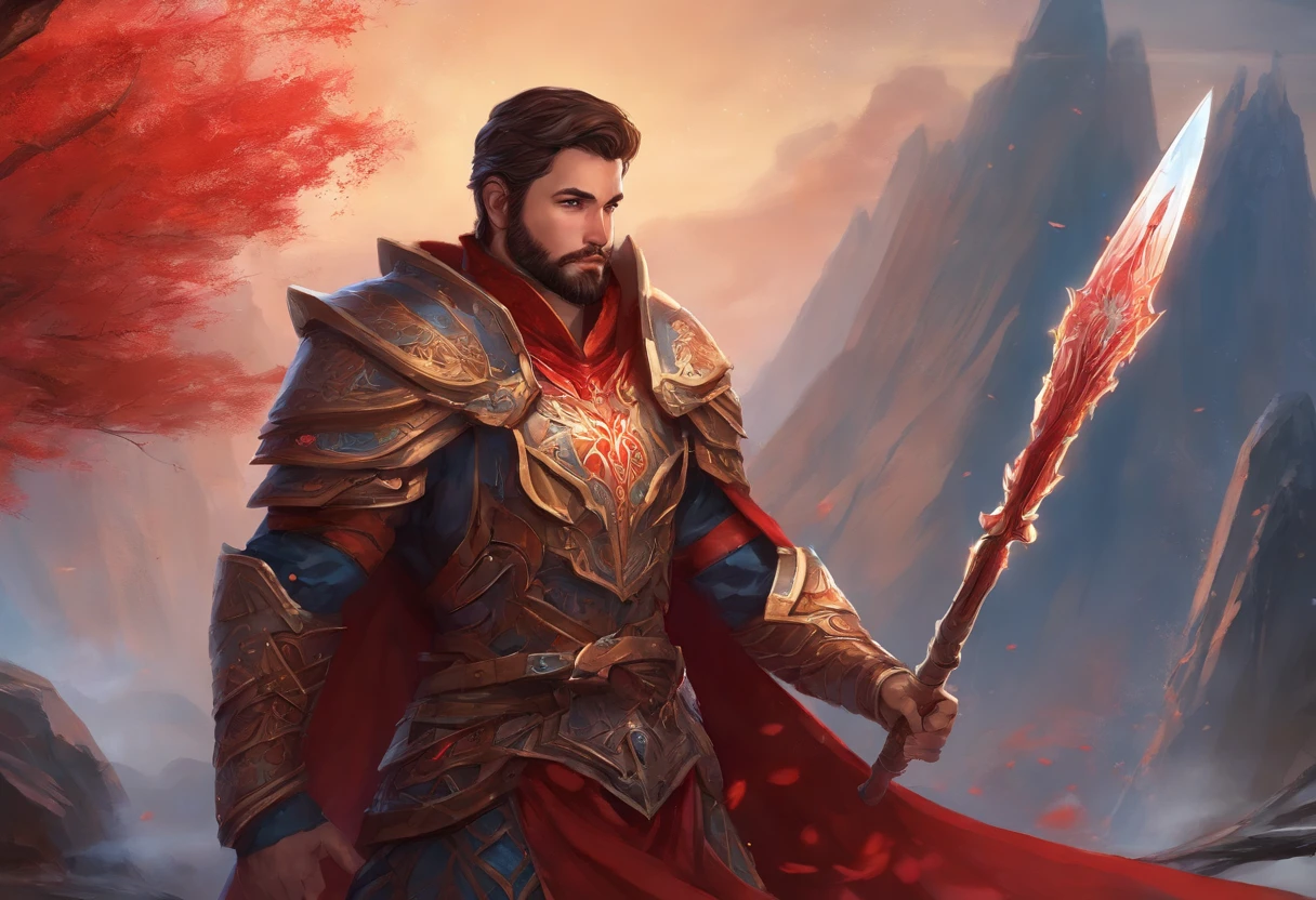 man with short beard, epic rpg portrait, fantasy male portrait, rpg portrait concept art, male warrior, fantasy concept art portrait, epic portrait illustration, detailed character portrait, one human warrior, big black armor with details red, full armor, blue eyes, short hair, brown hair, dungeons and dragons character, detailed hands, cape, High Detail, blood spatter