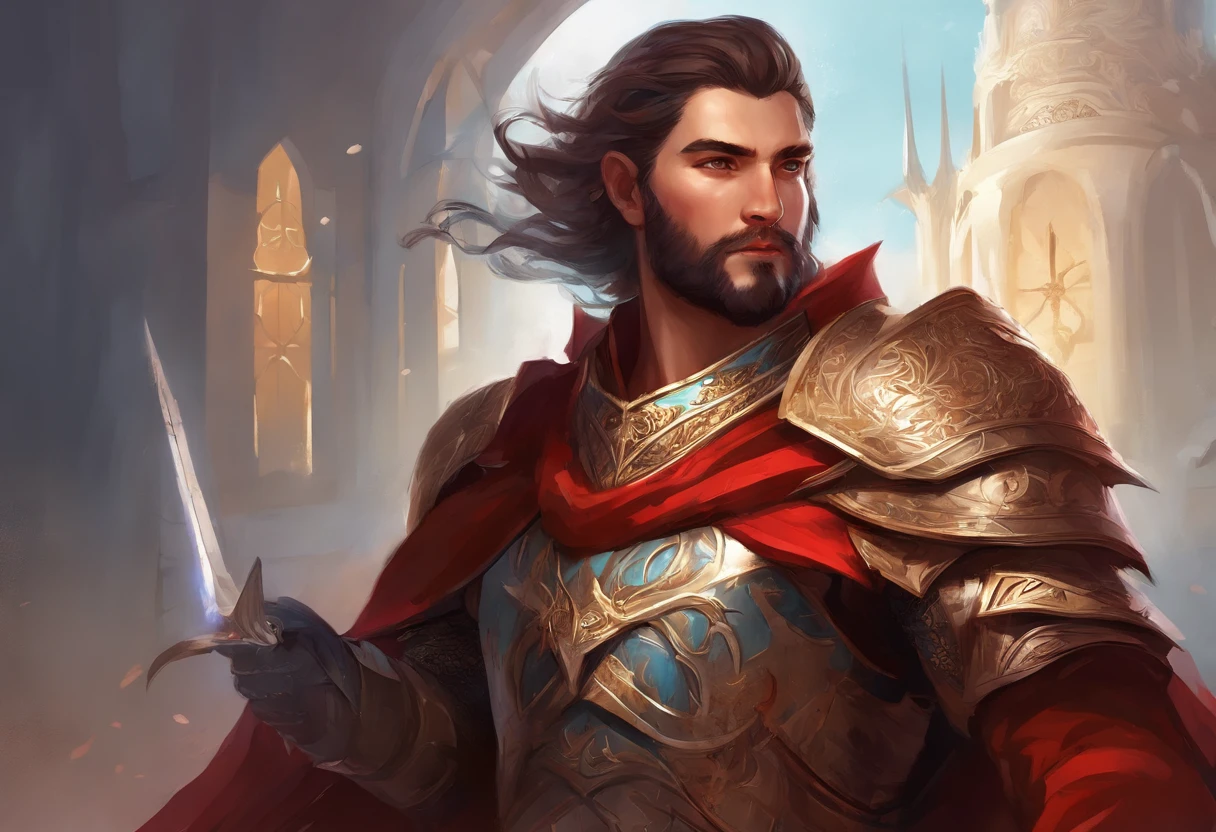 man with short beard, epic rpg portrait, fantasy male portrait, rpg portrait concept art, male warrior, fantasy concept art portrait, epic portrait illustration, detailed character portrait, one human warrior, big black armor with details red, full armor, blue eyes, short hair, brown hair, dungeons and dragons character, detailed hands, cape, High Detail, blood spatter