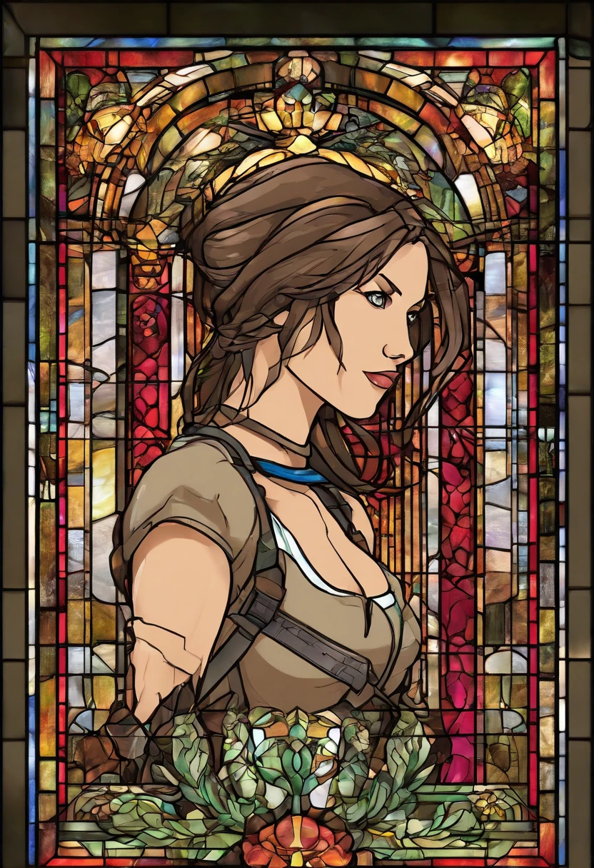Tomb Raider Lara Croft, Stained Glass, , best quality, masterpiece, ultra high resolution, (photorealistic:1.4), raw photo, shiny skin, BRIGHT BODY, dramatic lighting, full body, big breasts,  breasts, different positions, different poses, different variations
