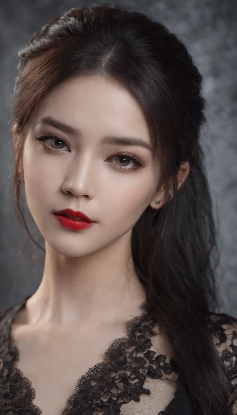 masterpiece, best quality, 1girl asia, solo, (natural skin texture, realistic eye and face details:1. 5), (dark:1. 4), deep shadow, extremely detailed lady, detailed eyes and face, piercing eyes, red lipstick, no black eyeliners, detailed goth clothing, ponytails, black hair, Nikon d850 film, hyper-realistic, real-life texture, dramatic, lighting, unreal engine, (facial clarity:1. 5), (transparent clothes:1. 1) gothic style, black lace, tattoo