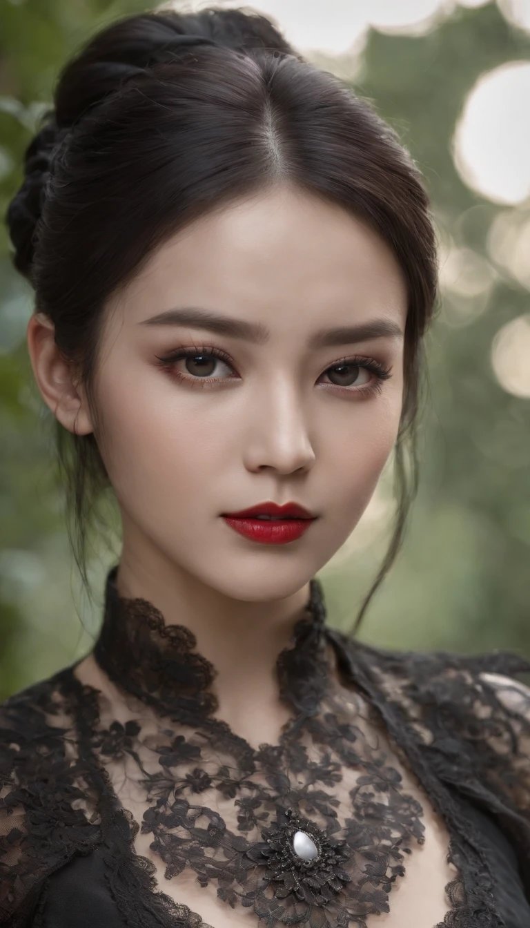 masterpiece, best quality, 1girl asia, solo, (natural skin texture, realistic eye and face details:1. 5), (dark:1. 4), deep shadow, extremely detailed lady, detailed eyes and face, piercing eyes, red lipstick, no black eyeliners, detailed goth clothing, ponytails, black hair, Nikon d850 film, hyper-realistic, real-life texture, dramatic, lighting, unreal engine, (facial clarity:1. 5), (transparent clothes:1. 1) gothic style, black lace, tattoo