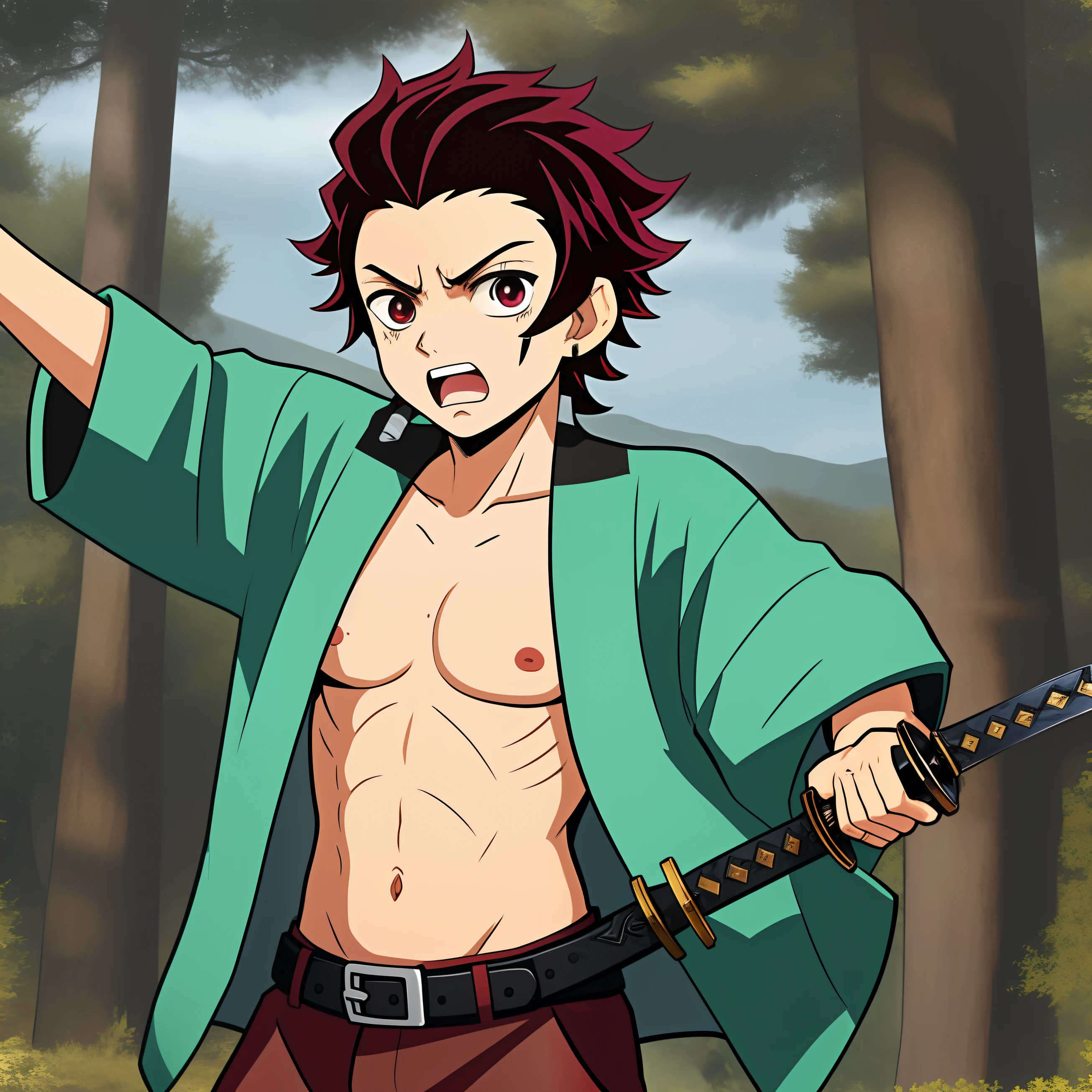 1 boy,kamado_tanjirou, sword, angry, blood on the face,(shirtless, topless, bare chest)