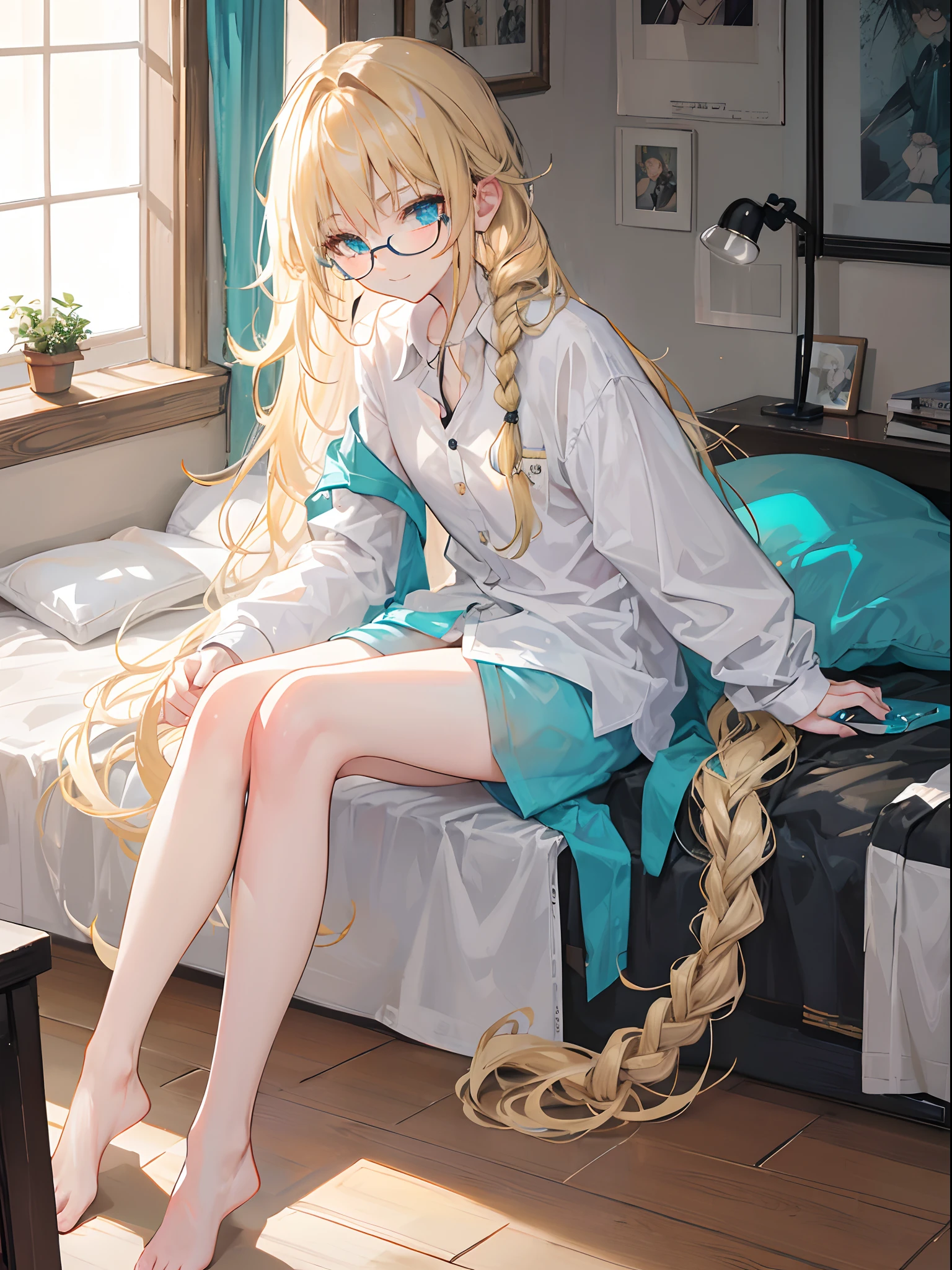 18-year-old blonde, Turquoise eyes, long-haired,Braid left and right, Wear glasses, Wear a long white shirt.....button up. No pants, no bed., Wear black stockings...., Show off your legs........With a slightly smiling face.....