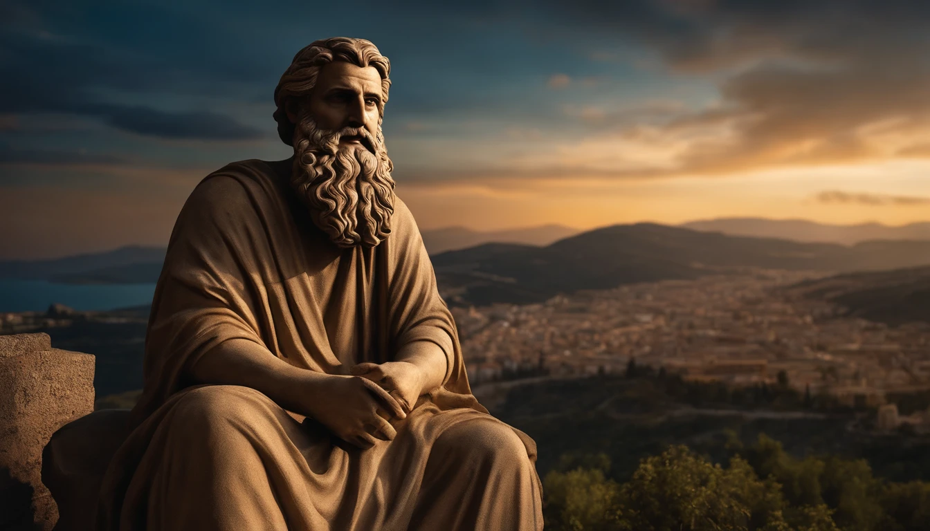 a statue of a man sitting on a rock with his hand on his chin with temple background, Estoicismo, philosopher, Pose estoica, an ancient greek statue, divino e estoico, inspired by Theophanes, o grego, classical statue, stoic, estoico and calm, Greek statue, a statue, theophanes, by Theophanes, o grego, dark tones facing soft subtle light