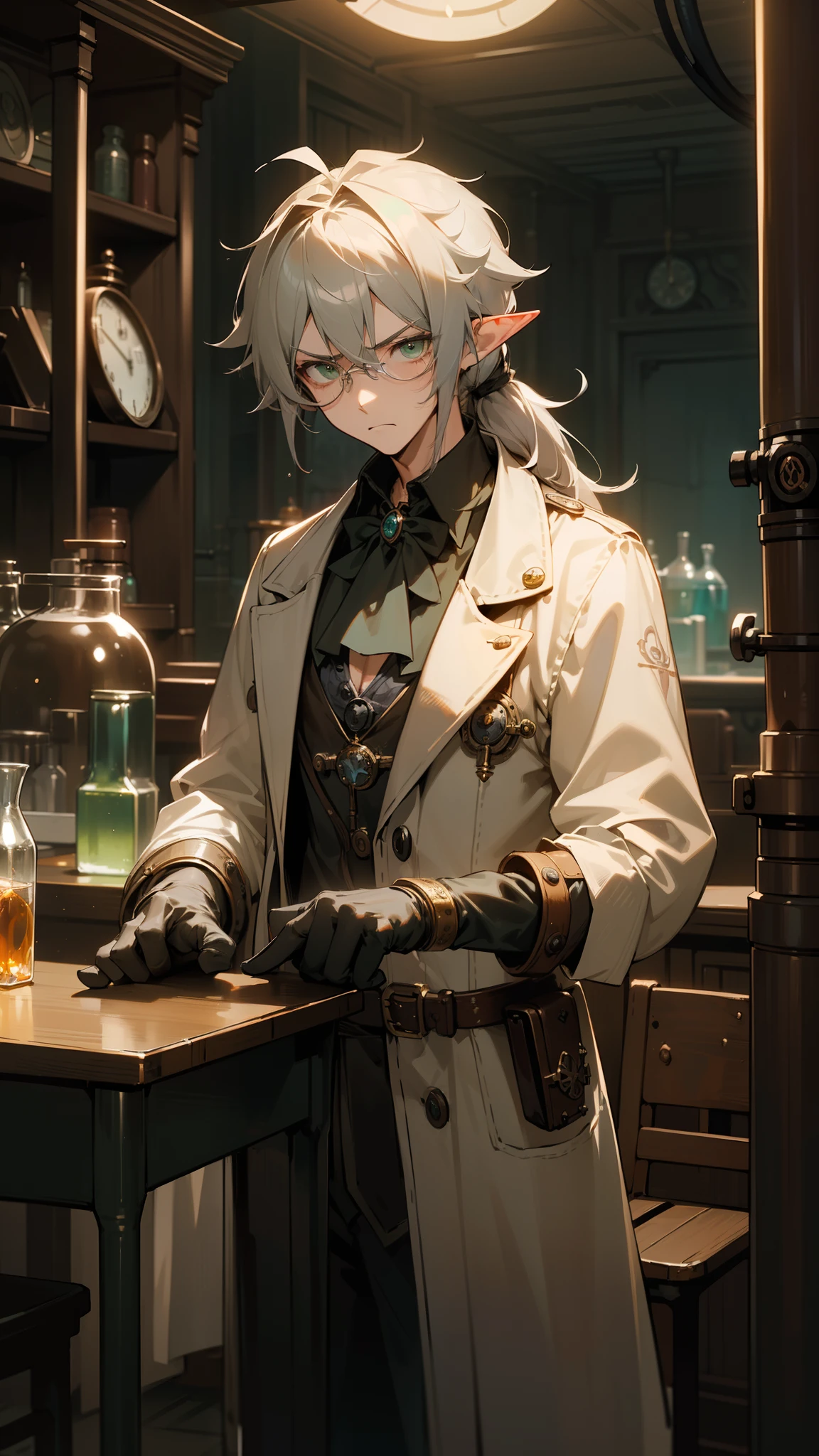 1adult man, 30 years old,solo,(Angry face), long hair,disheveled hair,messy hair,elf ear,gray hair,green eyes, tired eyes,standing,hair in a ponytail, no bangs, glasses, scientist, scientist outfit, white coat,gloves, cowboy shot,dynamic pose,((room with desk and chair, fantasy alchemist laboratory, magic laboratory setting, mysterious laboratory, steampunk laboratory, magic lab background, wizards laboratory,dark environment, gloomy environment,night))