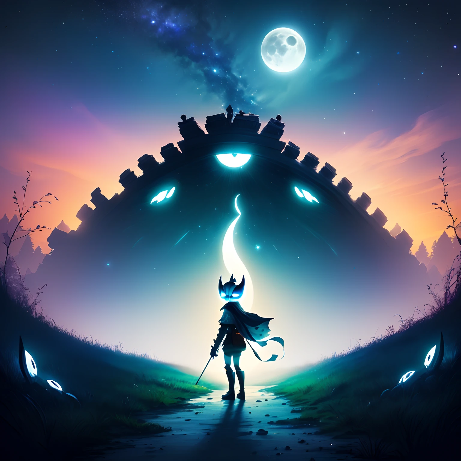 Uma paisagem de um lugar no campo, noite, Visible Moon Stars, a hollow knight logo in center (dark)