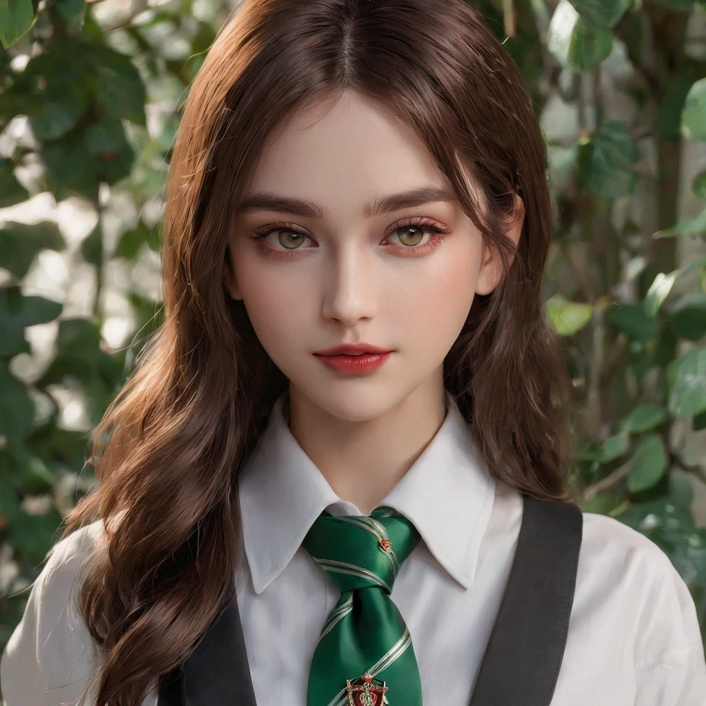 (masterpiece, best quality, high resolution:1.4),(Raw photography, top-quality, masterpiece, extremely delicate and beautiful, ighly detailed, nffsw, Unity, 8K Picture Wallpaper, amazingly detail, detaile, masterpiece, top-quality, Official art, Highly detailed ticker Unity 8k wallpaper, ultra-detailliert, hight resolution, ighly detailed, Clair, Focus), (top-quality), (realisitic, Photorealsitic:1.5), (8K, Soft lighting, hightquality, lighting like a movie), (1girl), pretty, beautiful, (noble), elegant, skin pores texture, HD , Photography, movie, cinematic, portrait, Realistic, (8k, RAW photo, best quality, masterpiece:1.2), (realistic, photo-realistic:1.33), best quality, (detailed eyes: light golden), (light golden-colored pupils), (dark hair), (curtain bangs), (long hair), (16 years old), (young), portrait, smile, (background: red rose garden), bust up, detailed and realistic portrait of a girl, (fragile), ((night light)), (British), (pale), (Caucasian), (innocent), (red lips), ((red roses)), (look at the camera), ((The Slytherin uniform consists of a white shirt for the upper body Paired with a green and silver striped tie. The lower body features a green-gray plaid pleated skirt.)),(long sleeves), (An expression that seems to be planning mischief), (sexy)