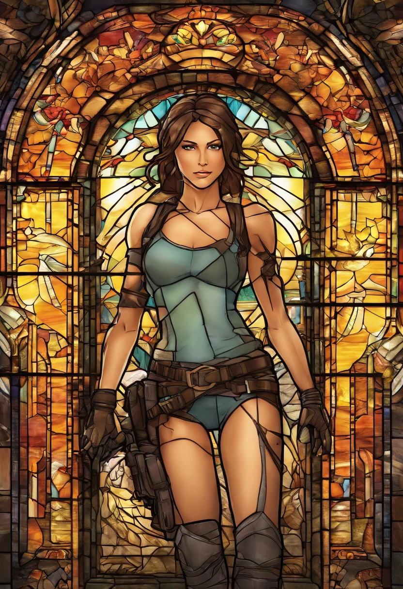 Tomb Raider Lara Croft, Stained Glass, , best quality, masterpiece, ultra high resolution, (photorealistic:1.4), raw photo, shiny skin, BRIGHT BODY, dramatic lighting, full body, , exposed , different positions, different poses, different variations