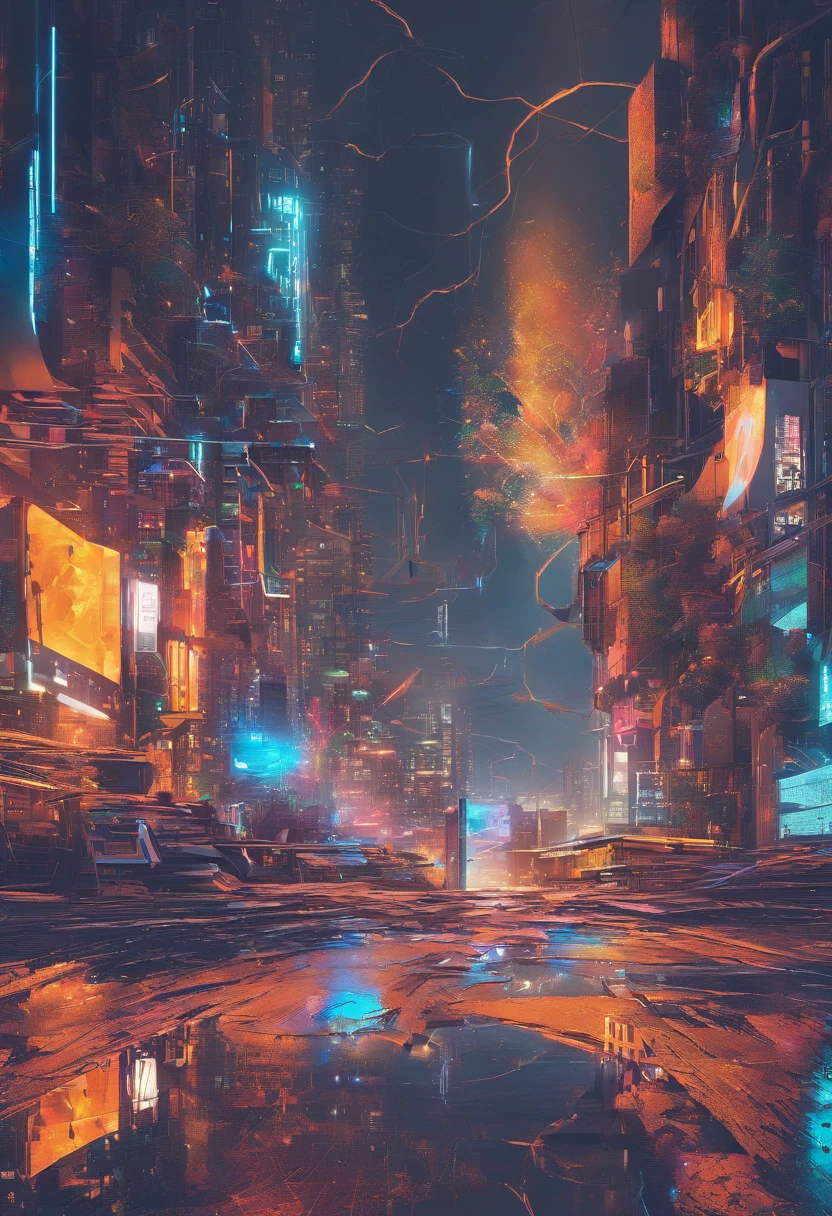 melhor qualidade,4k,8k,Altas,master part:1.2,ultra-detalhado,Realistic,fotorrealista:1.37,impressionante,post apocalyptic,Estilo cyberpunk, Rua da cidade,Movimentada,neon-lit,corajoso,distopic,high buildings,Hovering vehicles,Futuristic architecture,Dilapidated buildings,becos escuros,chuva forte,Chuva,Intermittent streetlights,sinais luminosos,holographic advertisements,pavimento molhado reflexivo,abandoned vehicles,Smoke-filled atmosphere,City Pollution,concreto fissurado,Hanging electrical wires,pilhas de lixo,metal enferrujado,paredes cobertas de grafite