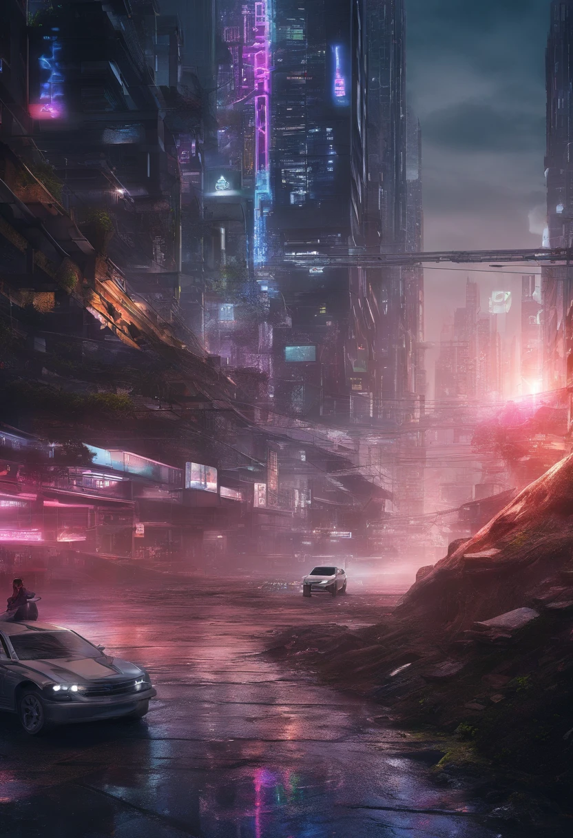 Futuristic city with cars and people on the street at night - SeaArt AI