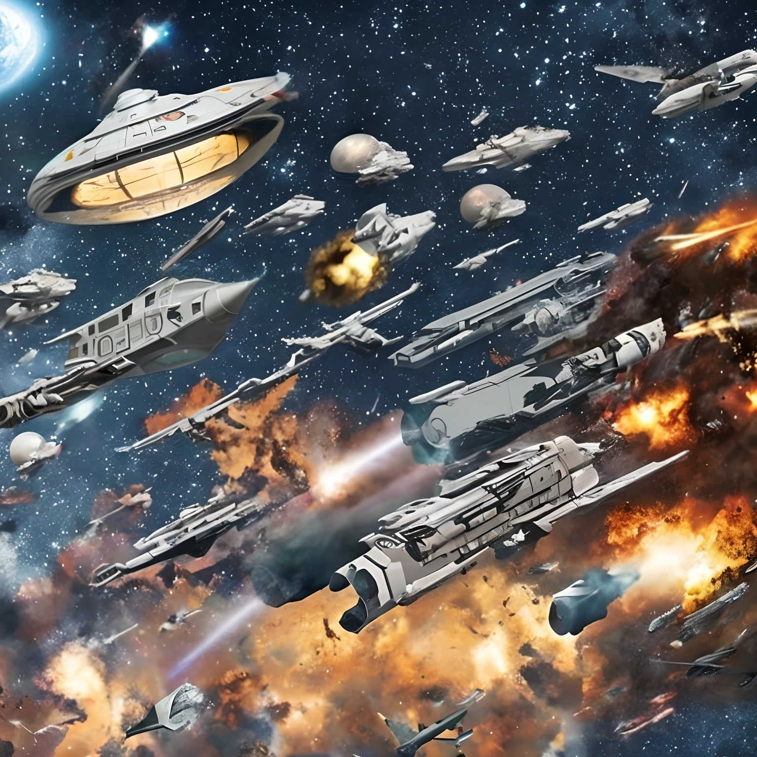 There is a space war with several spaceships destroyed, guerra espacial, daves diferentes, Debris in the air, esplosões, guerra, dynamic lighting, melhor qualidade, detalhado, manga-style, Immensity of the Universe, universo misterioso, (caos)