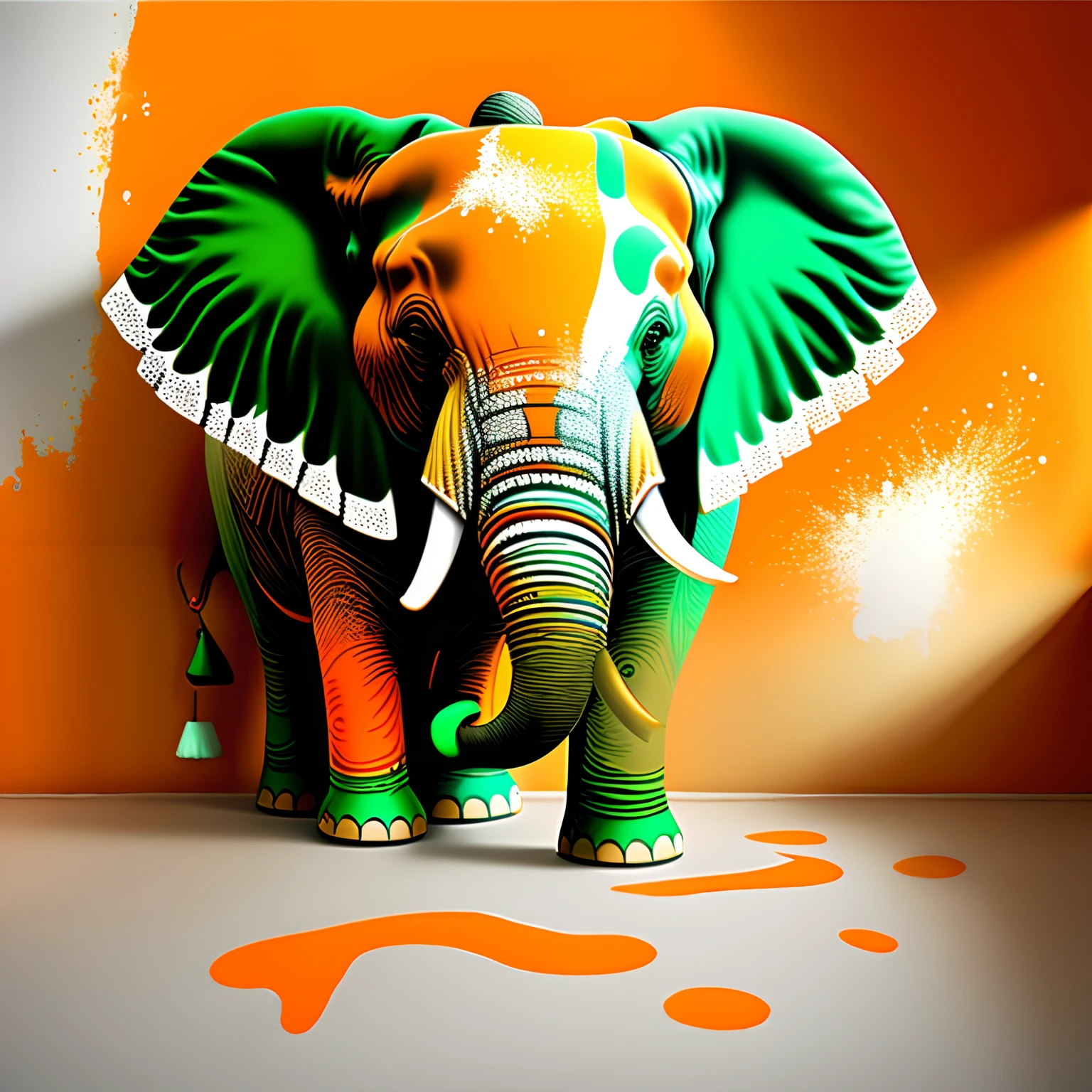 Elephant brush style surrounded by colorful paint "orange et blanc et vert " , Style en couches, fond orange blanc. Detailed, jour, style Impression T-shirt