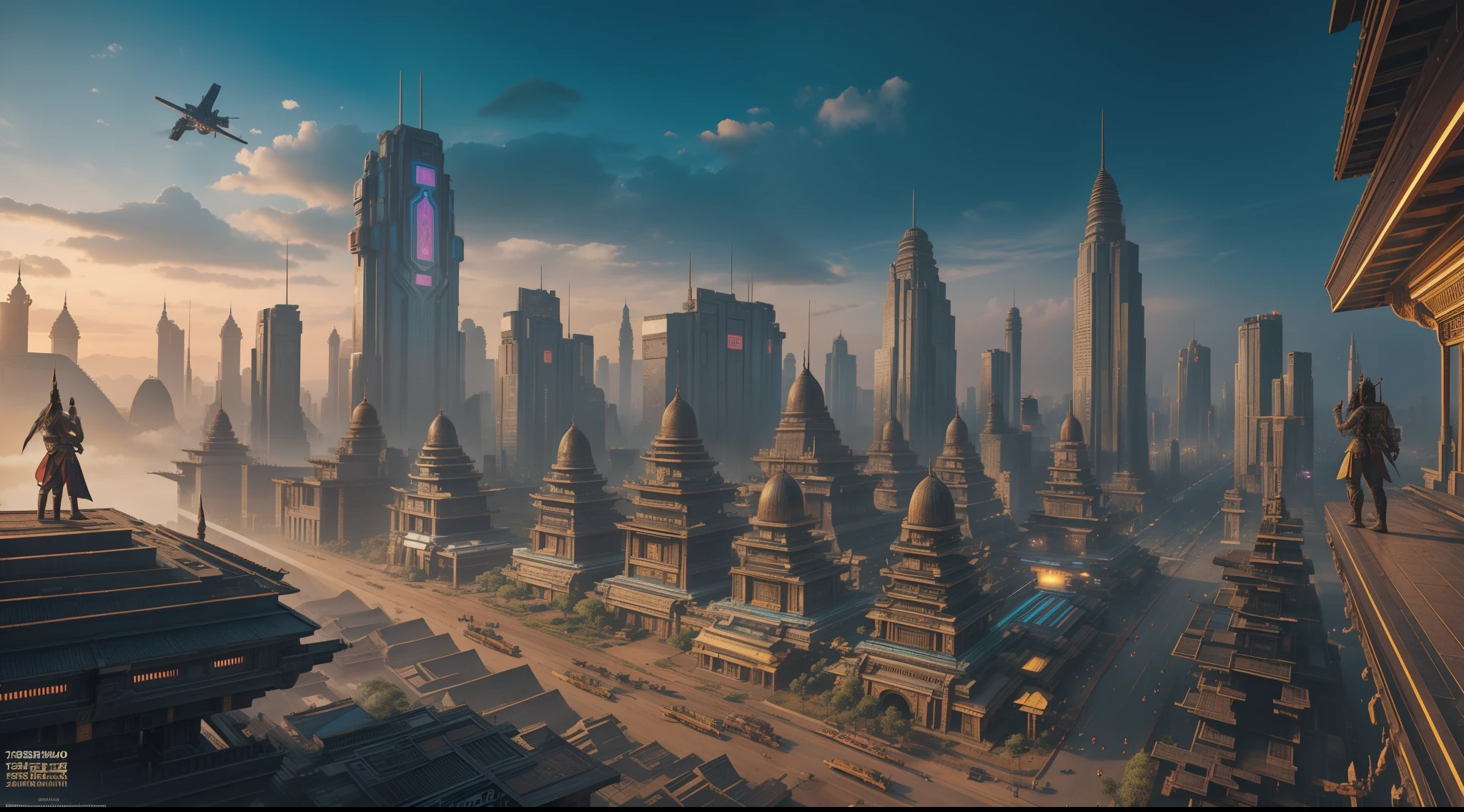 (masterpiece), (Majapahit), (kingdom), (Nusantara), (dystopian), (cyberpunk), The Great Majapahit Empire in the Future, advanced technology, cyberpunk Style, Mix of Traditional and Modern Futuristic, High detailed, hyper realistic, View of a Great Kingdom in 2300, Megacity Buildings with neon lights, Flying cars, Javanese Architecture mixed with modern technology, photorealism, 8k HD