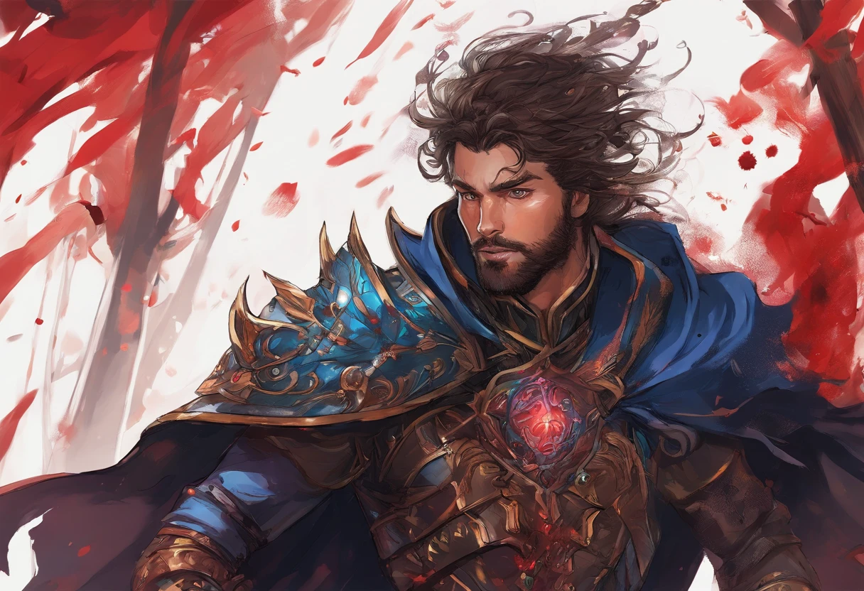 man with short beard, epic rpg portrait, fantasy male portrait, rpg portrait concept art, male warrior, fantasy concept art portrait, epic portrait illustration, detailed character portrait, one human warrior, big black armor with details red, full armor, blue eyes, short hair, brown hair, dungeons and dragons character, detailed hands, cape, High Detail, blood spatter