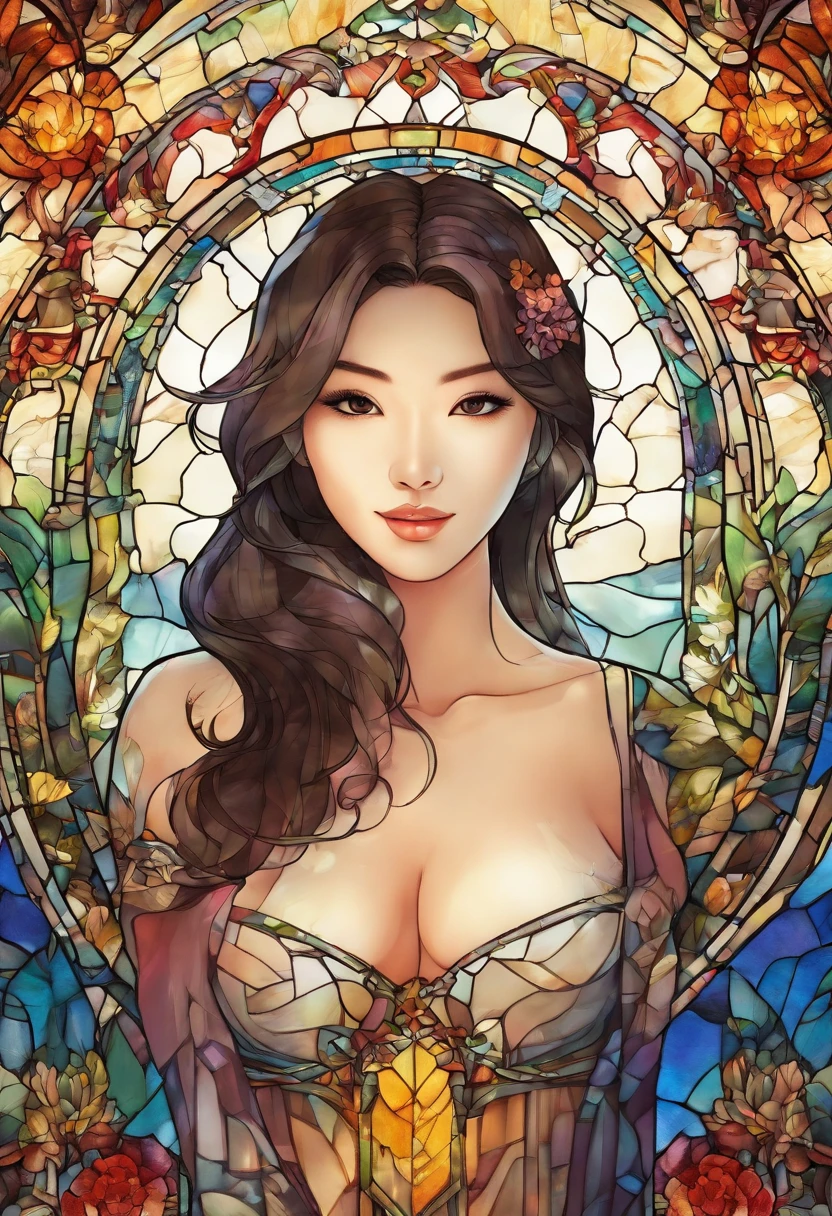 Asian Beautiful girl, Stained Glass, NAKED, best quality, masterpiece, ultra high resolution, (photorealistic:1.4), raw photo, shiny skin, BRIGHT BODY, dramatic lighting, full body, big breasts, exposed breasts, different positions , different poses, different variations