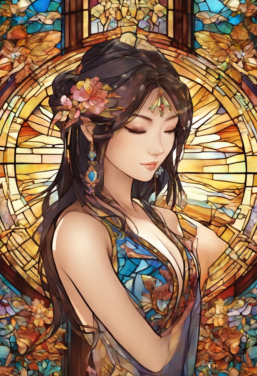 fashion portrait of asian girl wearing sexy dress, tropical flowers, [(alphonse mucha:1.3):(abstract papercut style:1.4):0.8], render, cgi, 2d, petite, (nude:1.2), washed out