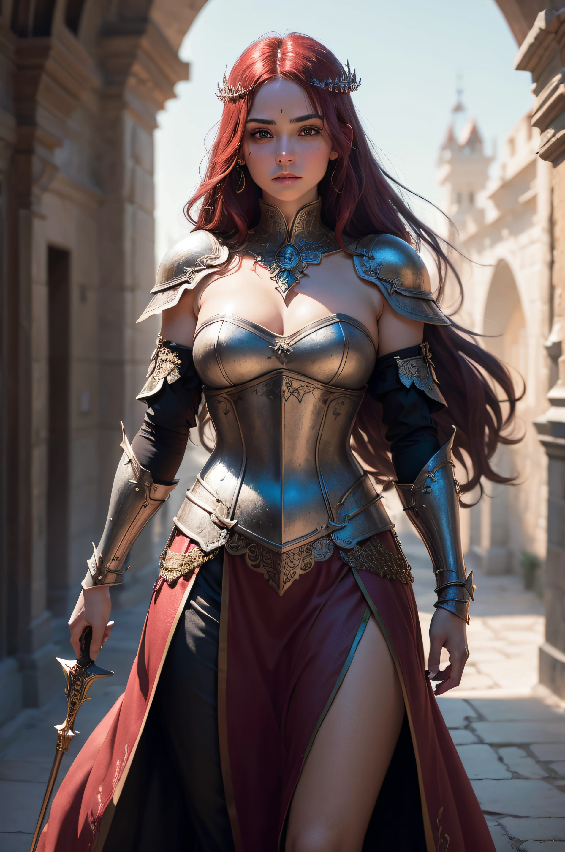 ((best quality)), ((masterpiece)), (detailed), symmetric face, a majestic warrior-queen, beautiful female, messy ginger, plate armor, gigantic shoulder armor, chiseled body, arm muscles, small buddha, intricate armor with fur elements, cleavage, intricate necklace, serious look, wearing a crown, long legs, high heel boots, royalty