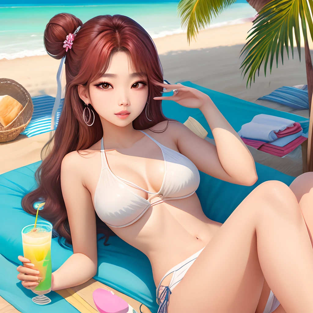 Jennie kim membro do grupo de kpop BLACKPINK, loira, olhos azuis, On the beach standing, With a coconut water in hand, super realista