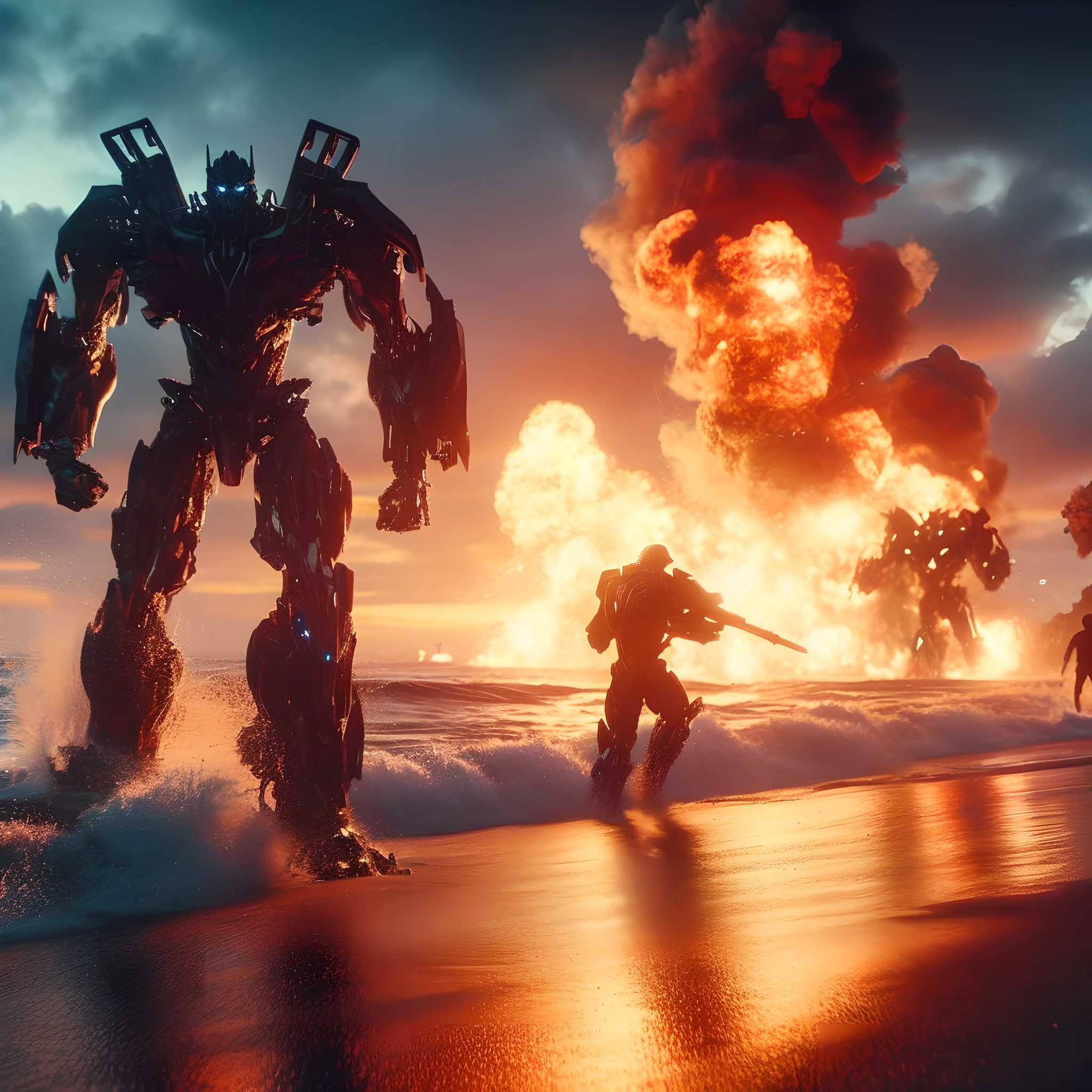 Transformers war robots are running on the beach with smoke coming out of them, Soldados e Mech lutam, guerra mechs lutando, mech machines firing bullets, No filme Transformers, Transformadores : the last knight, Mad Max Battlemech, pacific-rim-mech no fundo, transformers cinematic universe, Battletech, an armored core on the ground, 8 k filme ainda, Tiro VFX