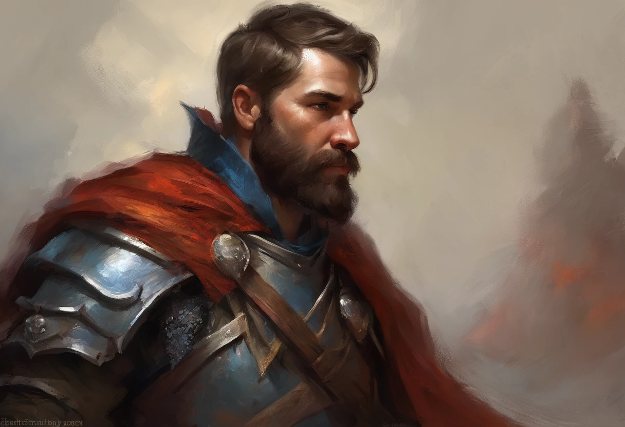 man with short beard, epic rpg portrait, fantasy male portrait, rpg portrait concept art, male warrior, fantasy concept art portrait, epic portrait illustration, detailed character portrait, one human warrior, big black armor with details red, full armor, blue eyes, short hair, brown hair, dungeons and dragons character, detailed hands, cape, High Detail, blood spatter