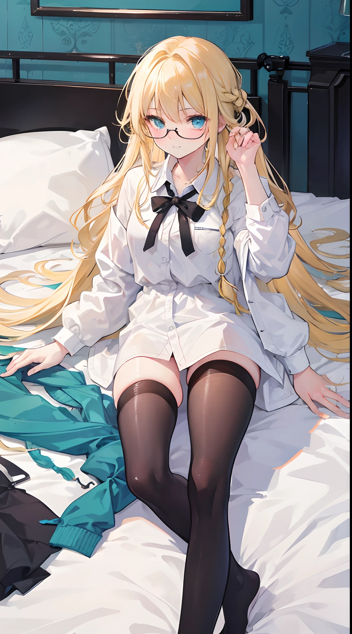 18-year-old blonde girl, Turquoise eyes, long-haired,Braid left and right, Wear glasses, Wear a white long-sleeved shirt...button up. Black miniskirt, sitting on the bed, Show off your legs...With a smiling face..